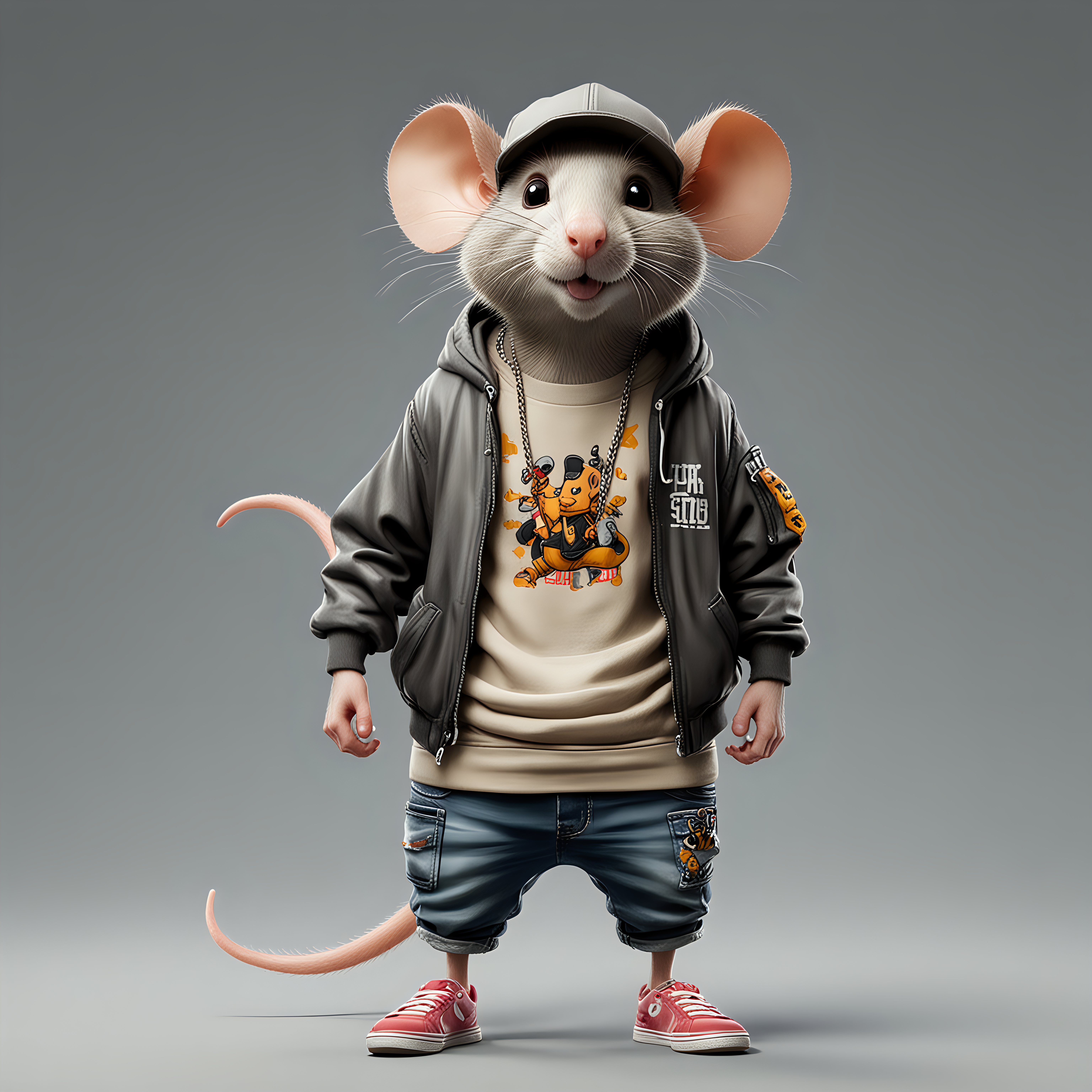 a funny rat in cartoon style in full body with hip hop clothes  with clear background