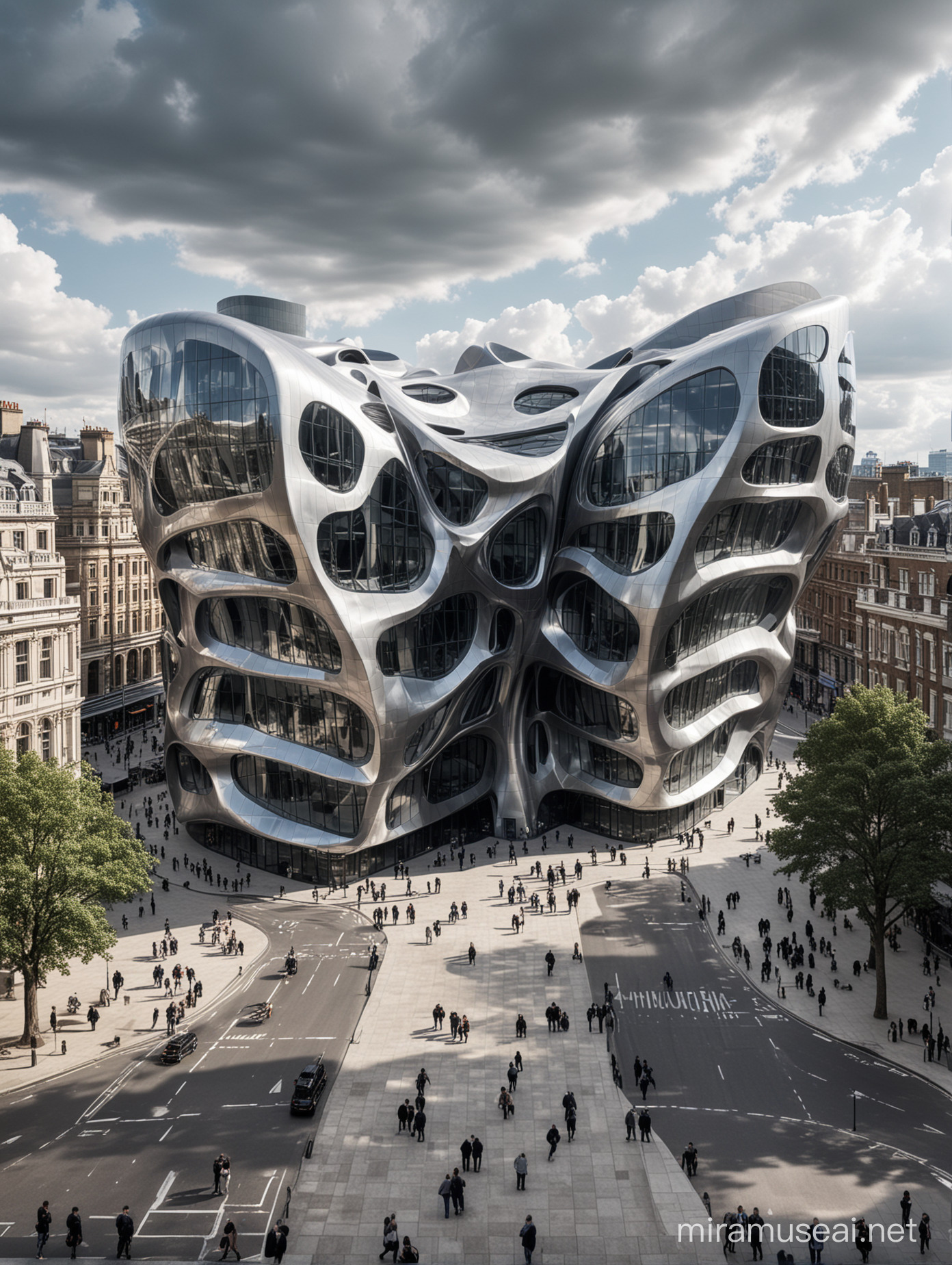 architectures ,FRONTAL view, MUSEUM, style zaha hadid Frank Gehry architectures with black LIQUID silver, at the square of london, drone view, 32k cinematic light reliastic photo