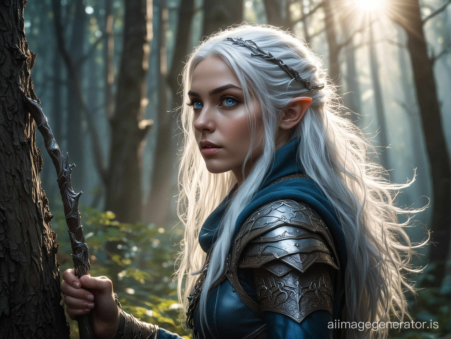 Female elf hunter in a fantasy forest. Dramatic lighting. Sun through trees. Silver white hair. very bright blue eyes.