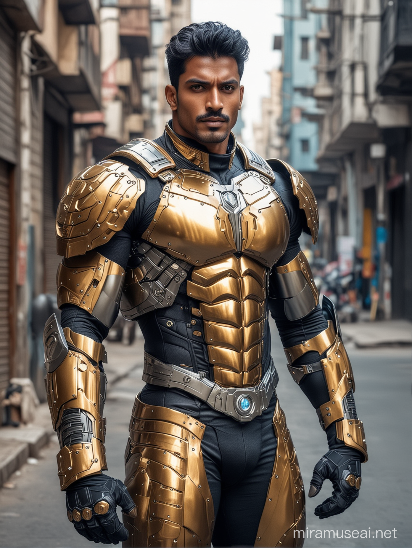Tall and handsome bodybuilder Indian men with beautiful hairstyle with attractive eyes and Big wide shoulder and chest in sci-fi High Tech golden, sliver, light blue and black armour suit with firearms standing on street