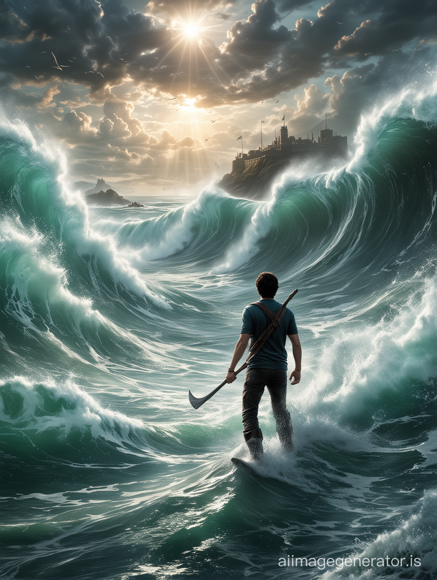 Percy Jackson, Epic battlefield, huge wave of water behind him.