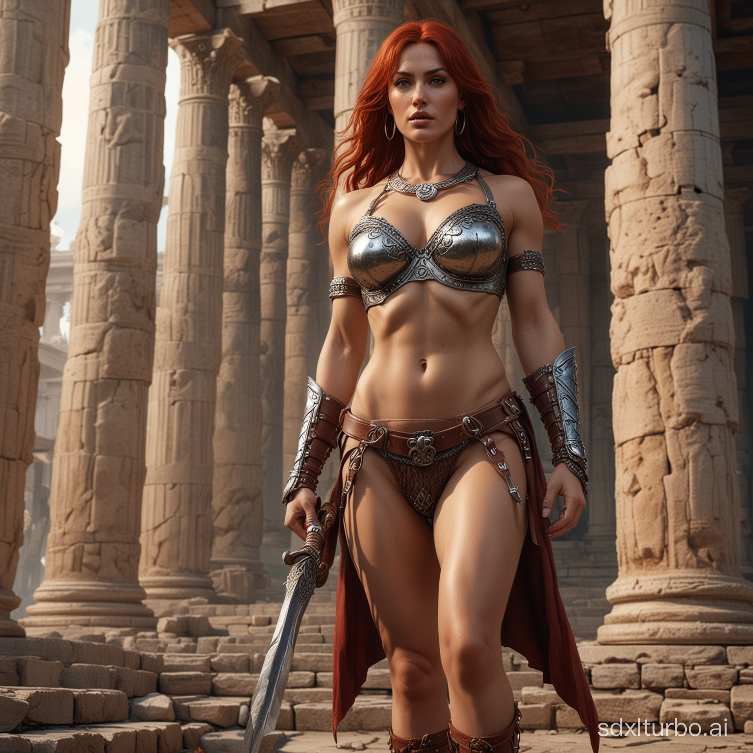 create a high-detailed, hyper-realistic, full-body image , close up, of  red Sonja, in the style of Monica Belucci. SHE STANDS ON THE FOOT OF AN ANCIENT GREEK TEMPLE 
cinematic, photo,  3D, 12K