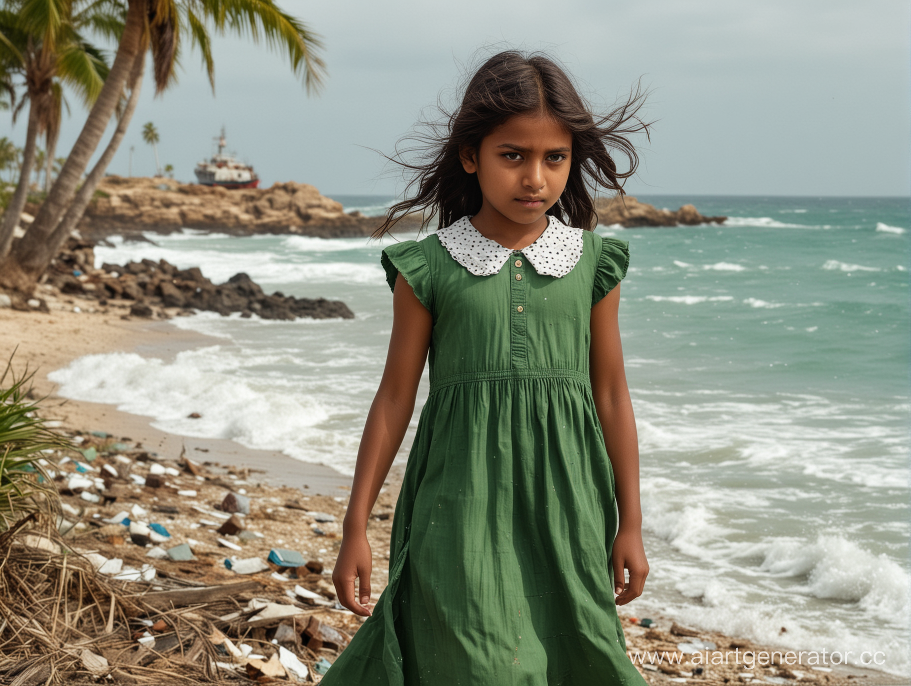 An Indian girl of about 12 years old with dusty hair blowing in the wind is dressed in a green dress with small white squares. It stands to the side. the photo is unsaturated, cloudy day. the girl's dress has a green collar. The girl looks directly into the camera. against the background of the ocean there is a little garbage, a palm tree and some particles of the ship and the boy in the background on the left goes to the water.