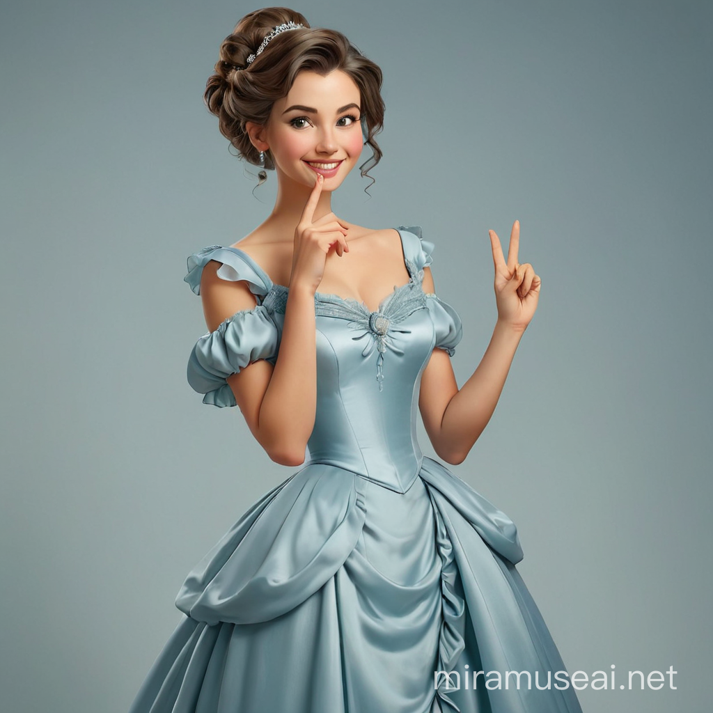 A beautiful woman in an evening dress, with a hairstyle in the style of the 19th century is standing, putting her index finger to her lips, smiling. We see her in full height, with arms and legs. The girl's skin is light blue in color. In the style of realism
