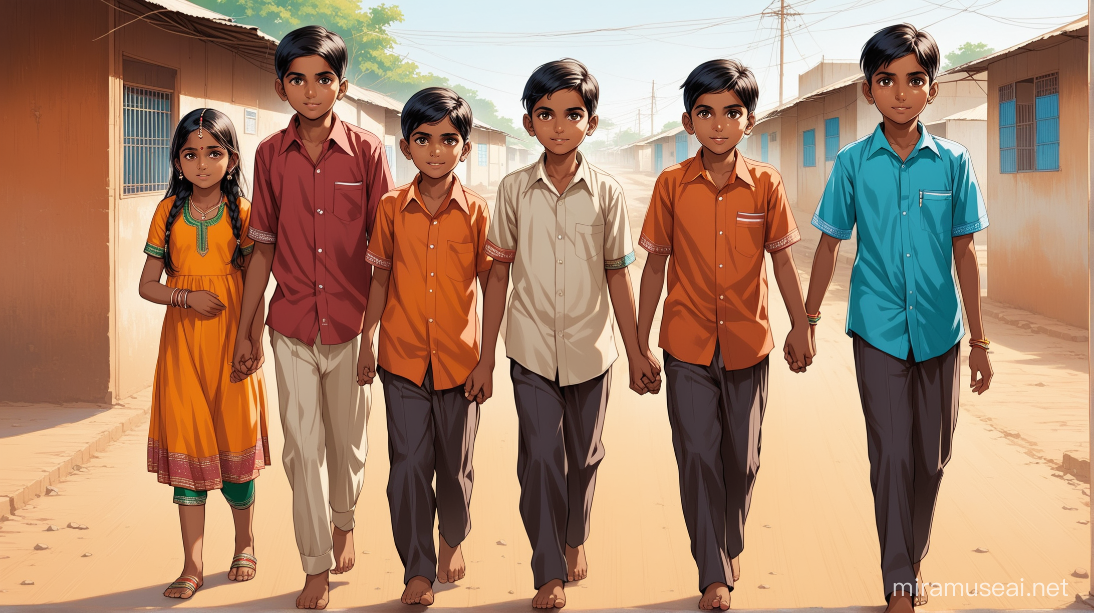 5 children indian boys and indian girls  set in Gujarat, with a male adult