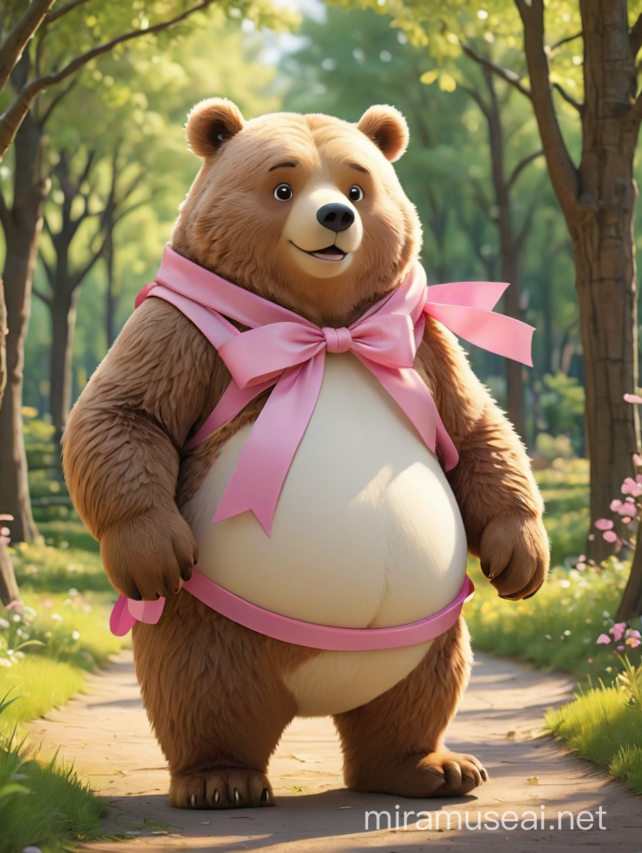 
A fat and cute cartoon bear wearing a pink ribbon walks in a beautiful park full of trees