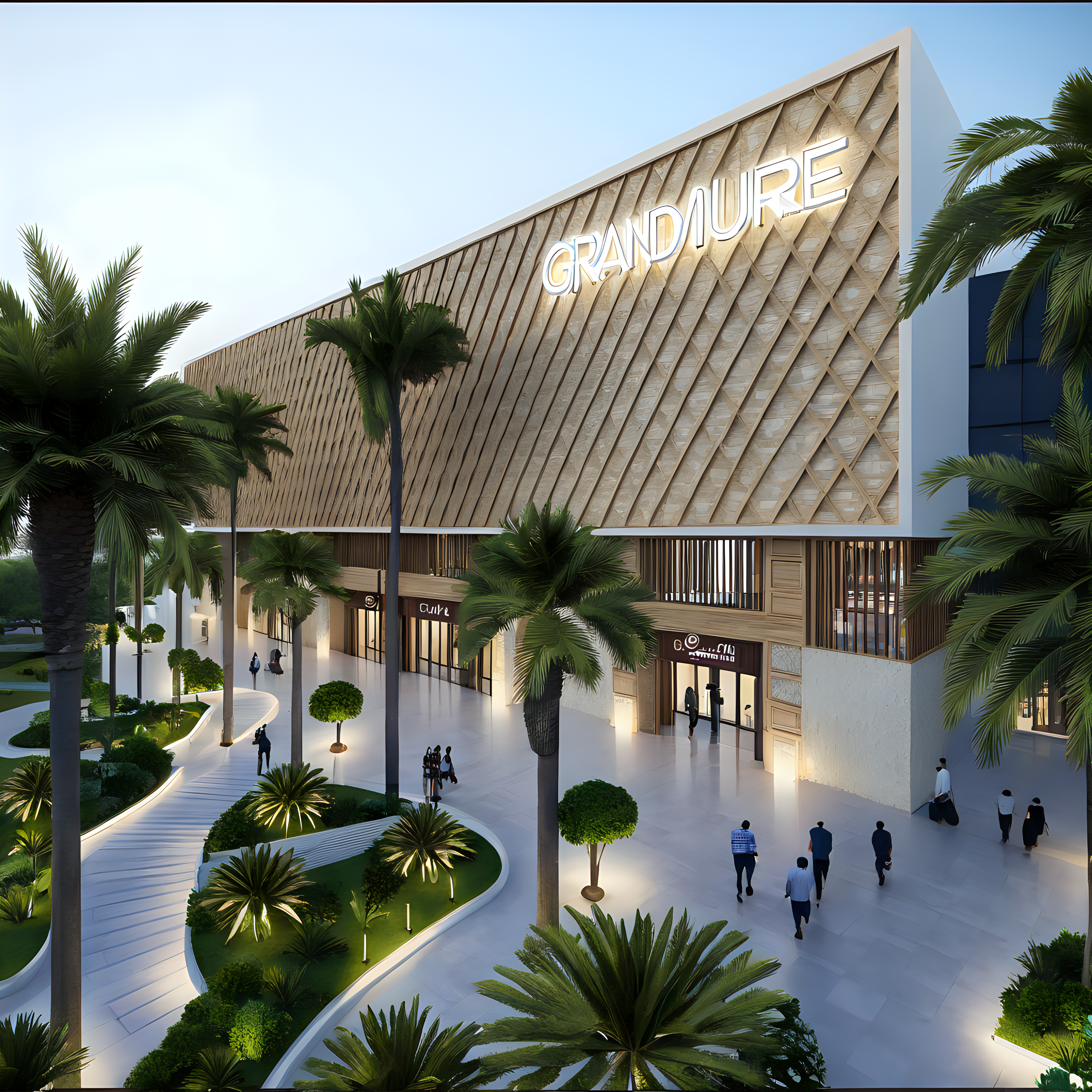 Modern Convention Center Facade with Grand Mercure Sign and Lush Greenery