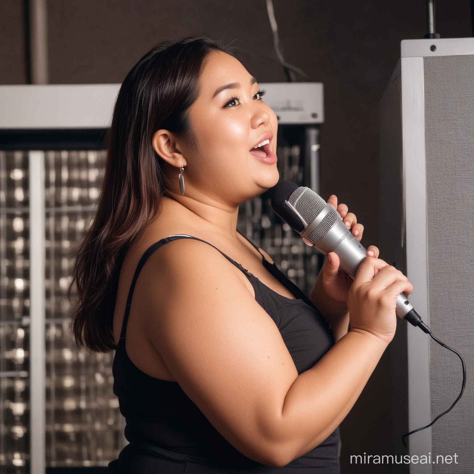 A chubby Filipina Woman holding a microphone facing a videoke machine. Make sure that the woman is on side view