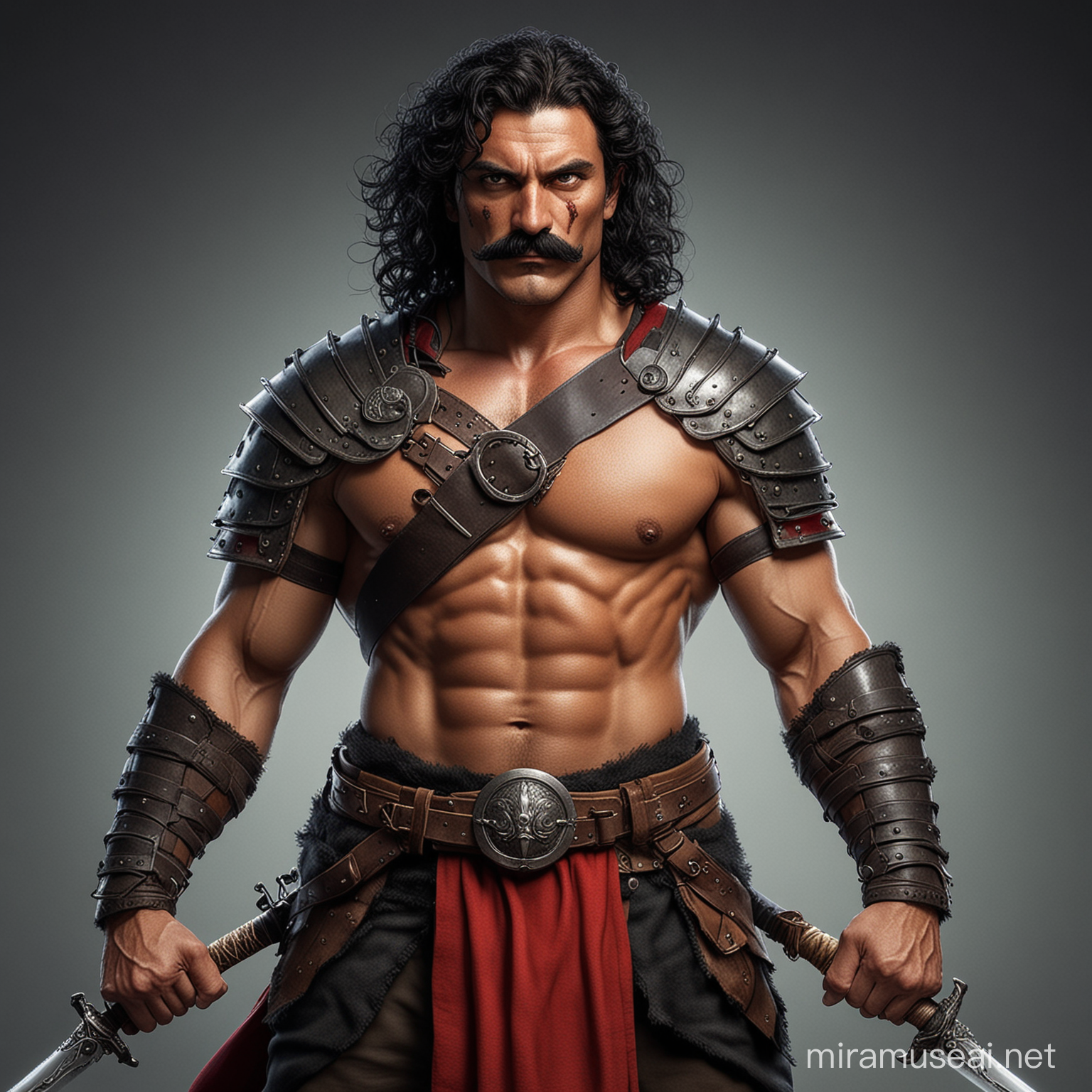 warrior, a tanned skin middle age warrior. He got big tummy, curly black hair and moustache. His skin is tanned to black red. He also is mid age uncle who is skillful with two sword