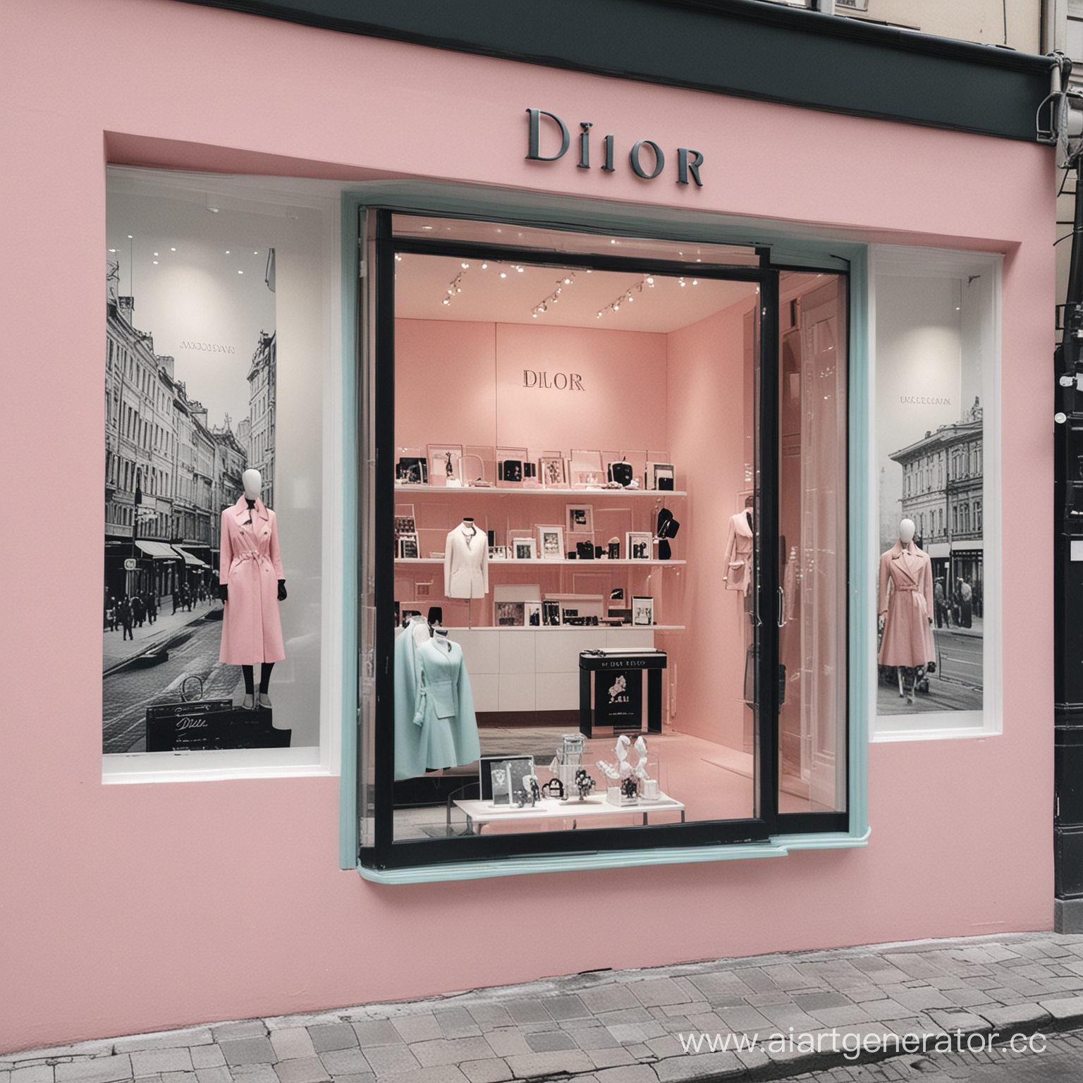 Сделать витрину магазина Dior. На заднем плане на стене фотографии Швеции и Норвегии. Цветовая гамма должна состоять из белого, черного, бирюзового и розового цветов