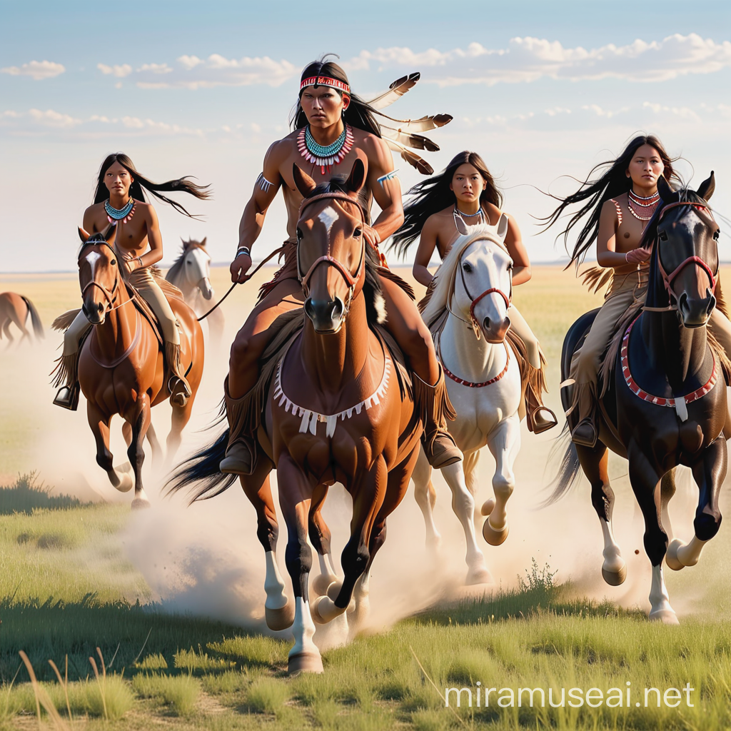 Native american indians with running horses on prairie,