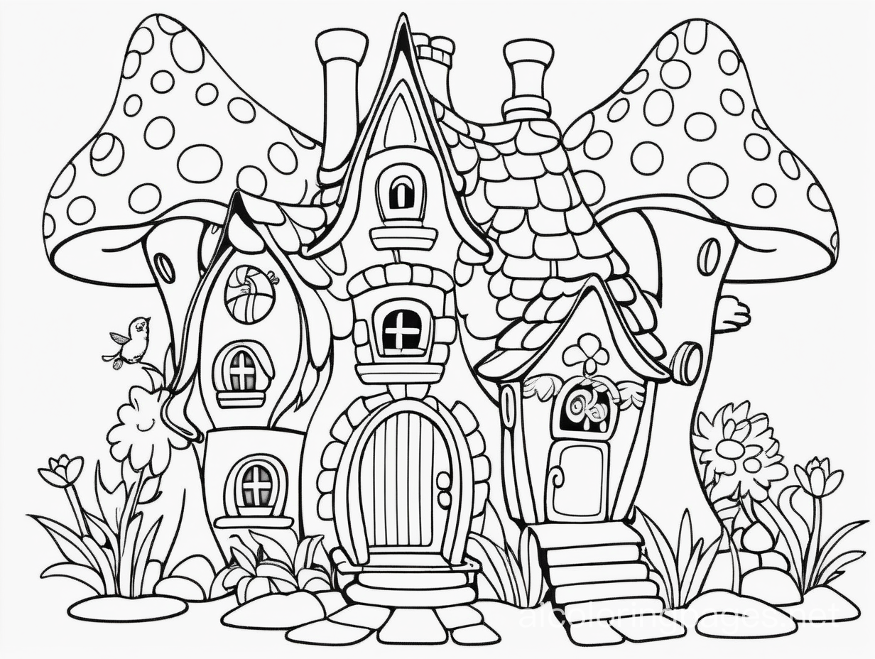 Fairy house, Coloring Page, black and white, line art, white background, Simplicity, Ample White Space. The background of the coloring page is plain white to make it easy for young children to color within the lines. The outlines of all the subjects are easy to distinguish, making it simple for kids to color without too much difficulty