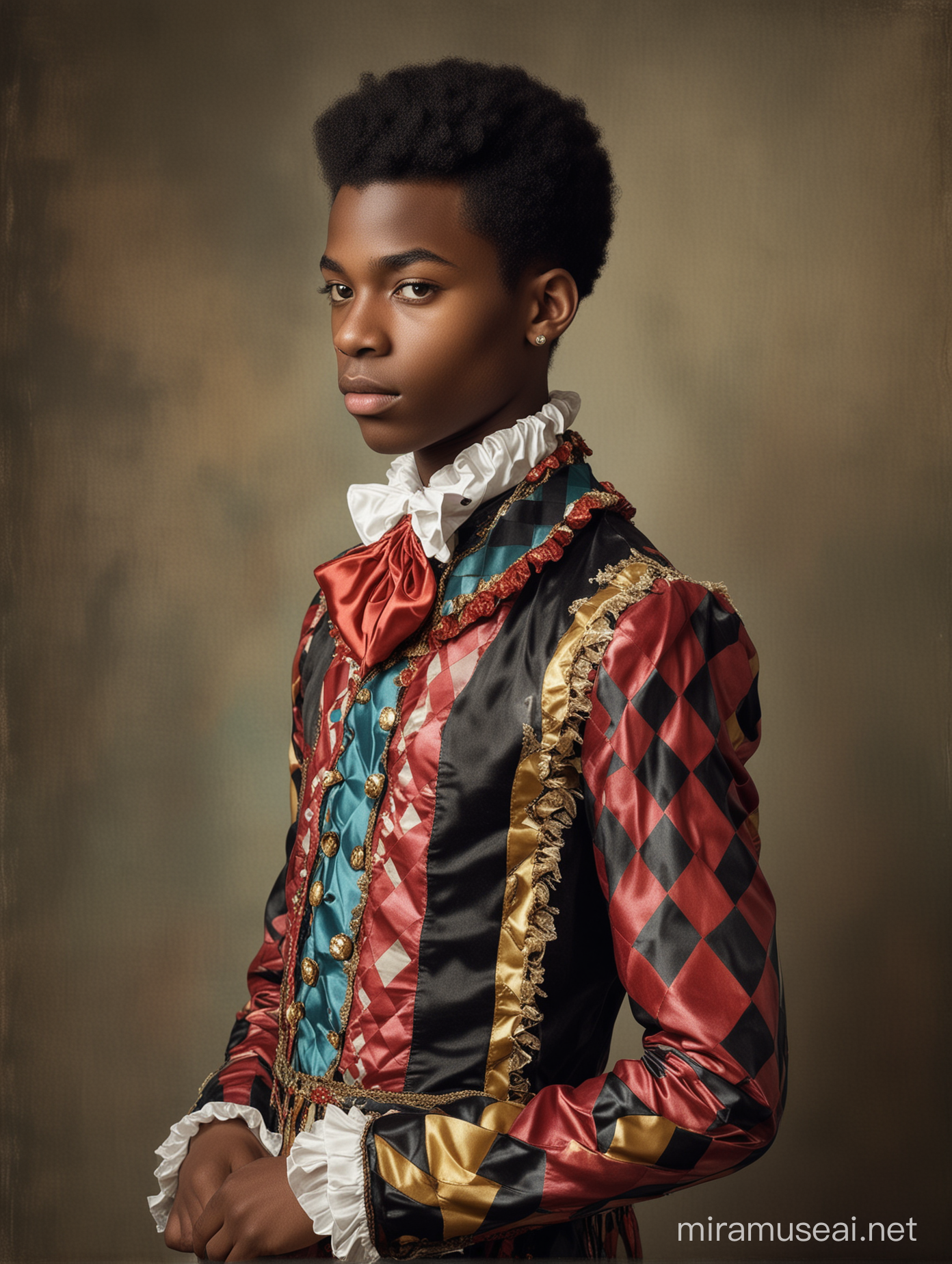 Charming Black Teen in Harlequin Costume Poses in Vintage Setting