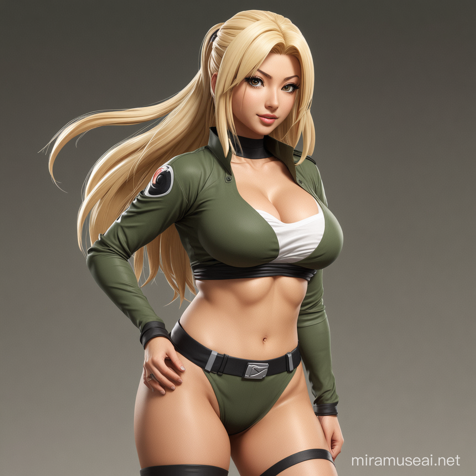 Photorealistic full length picture of Ayesha Takia as tsunade in a scene from the anime naruto. the scene is shown as similar to a point in the anime storyline as possible. In the scene tsunade is in her signature revealing hokage attire showing off massive cleavage.  The finish is realistic and shows the curves of her body correctly.
