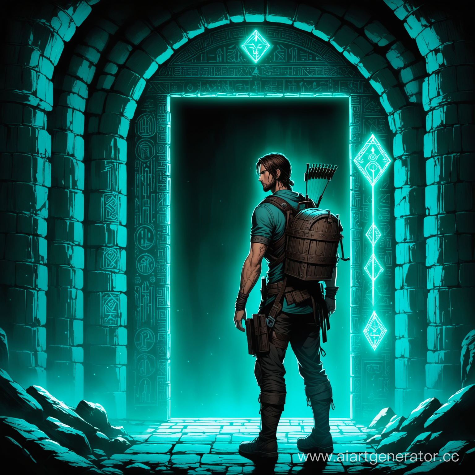 A tomb raider in light armor stands in front of a door with ancient runes in a mysterious and dark tomb. In his hands is a magical amulet that emits a soft greenish-blue glow that illuminates the reliefs of the runes and gives a mystical look to the whole scene. The crossbow is slung over his shoulder, ready for use. The atmosphere is filled with anticipation of the opening of the door, behind which ancient secrets are hidden. He is man