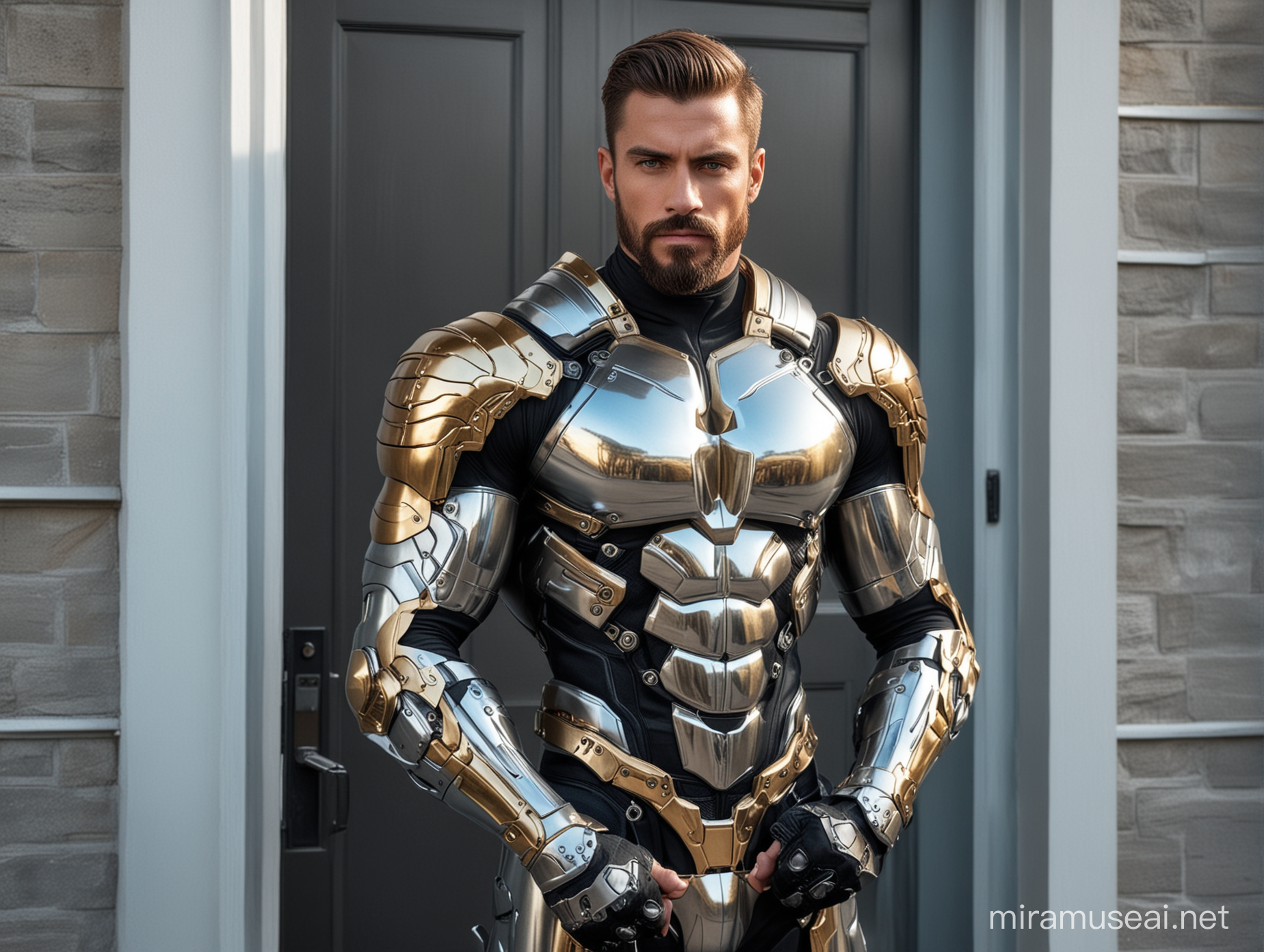 SciFi Bodybuilder Men in HighTech Armor Suit at Home Door