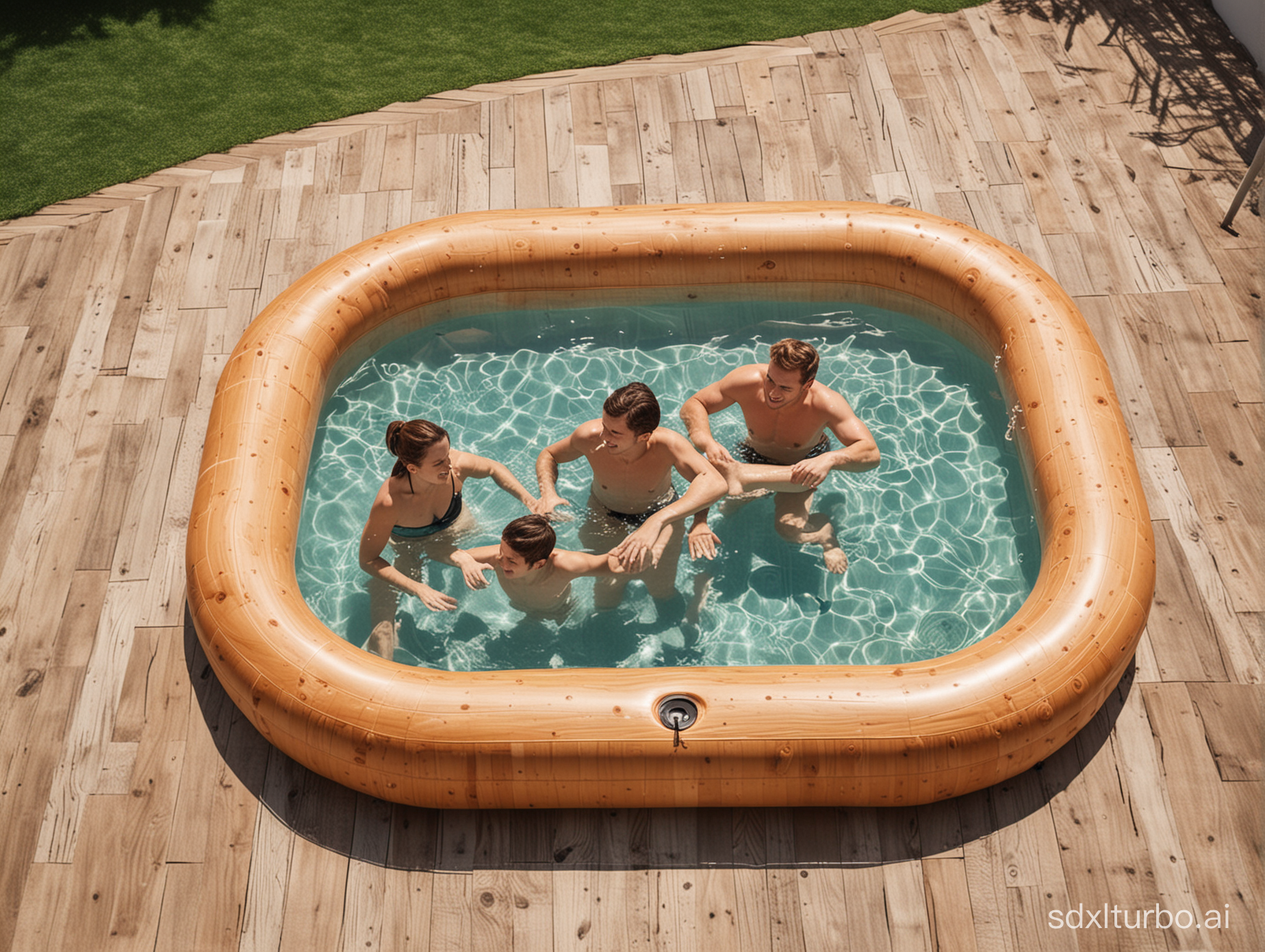 木地板，三个人在小型气垫泳池浴缸里面玩耍的室外场景