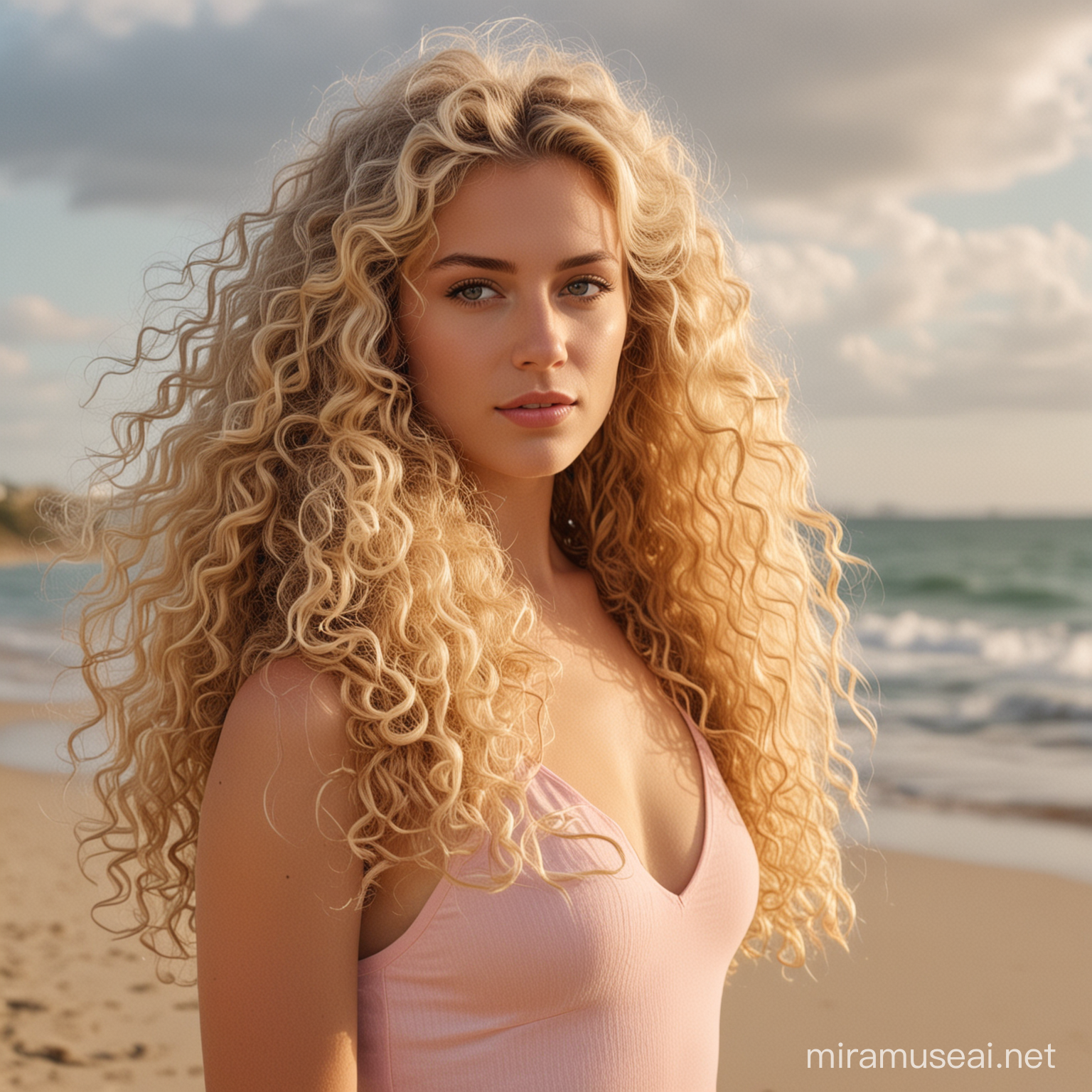 A beautiful blonde, with long, curly hair, 80's style, standing on a beach