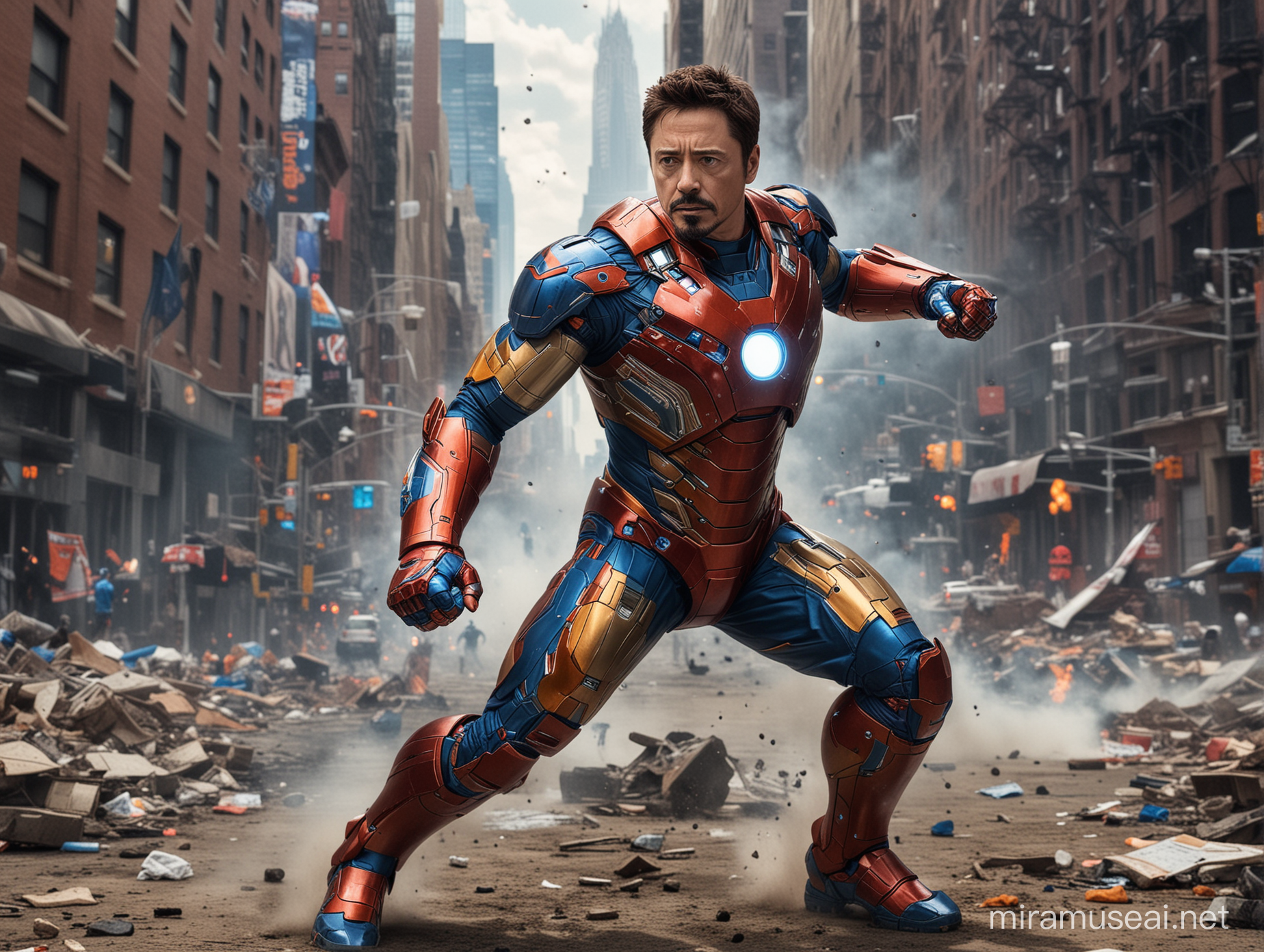 Tony Stark as Ironman doing heroic things. The Ironman suit is the orange, blue and white colors of the New York Mets. 