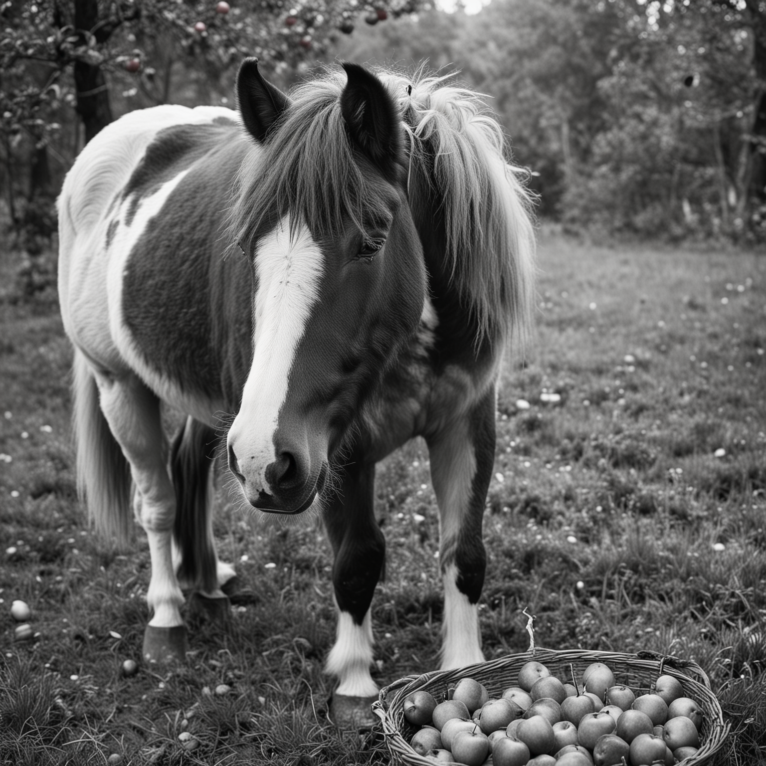 Photography of a rugged sweet pony, furry and colorful, eating red apples, while looking at you with pointed ears, black and white photograph, Sally Mann style