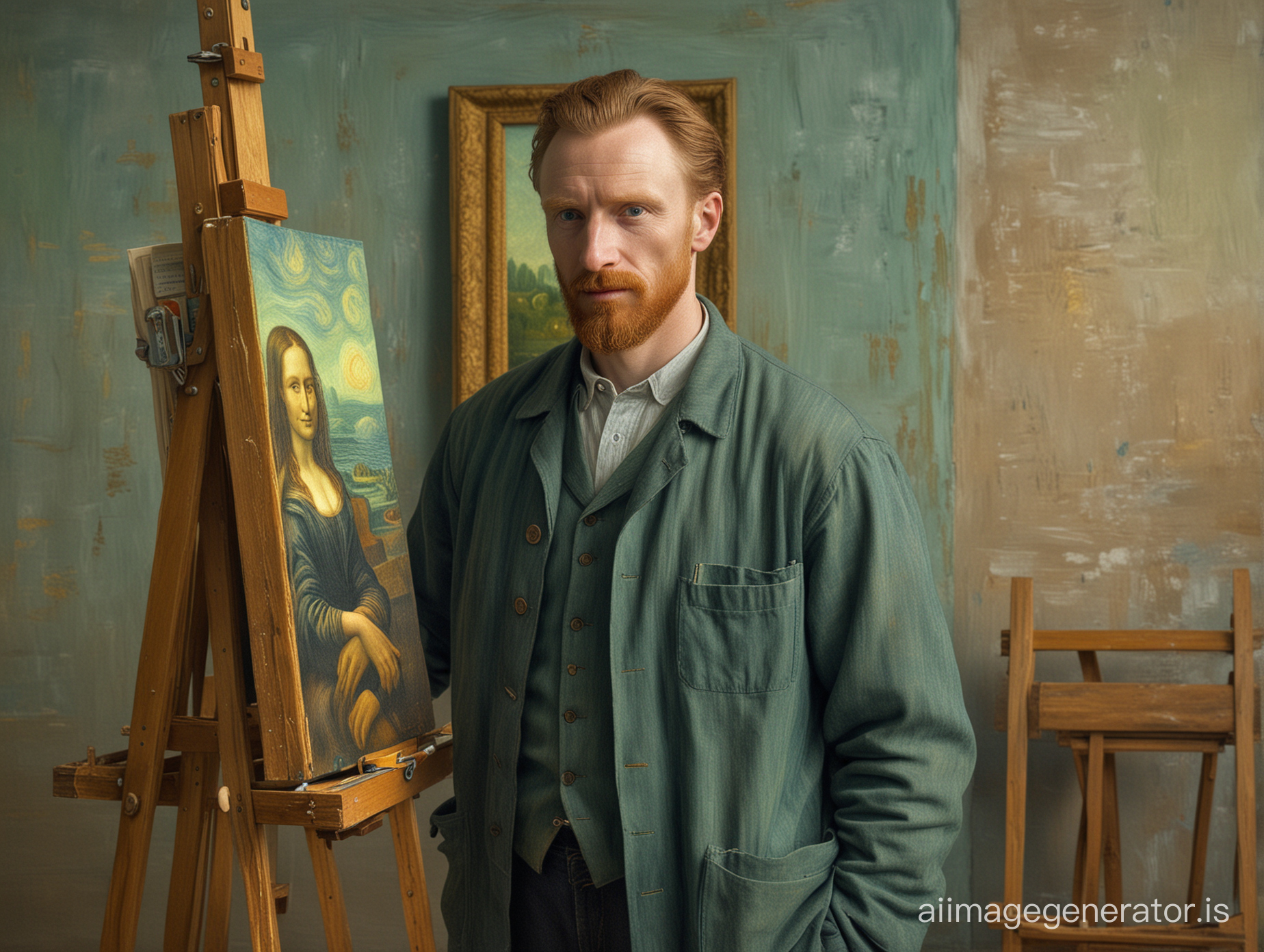 Imagine the artist (man) Van Gogh standing at the easel, he paints on canvas a copy of the portrait of the famous Mona Lisa. The background features swirling, dreamy colors and shapes reminiscent of van Gogh's stellar works. The atmosphere of this scene unites history and art, capturing the essence of creativity and artistic genius, photorealism