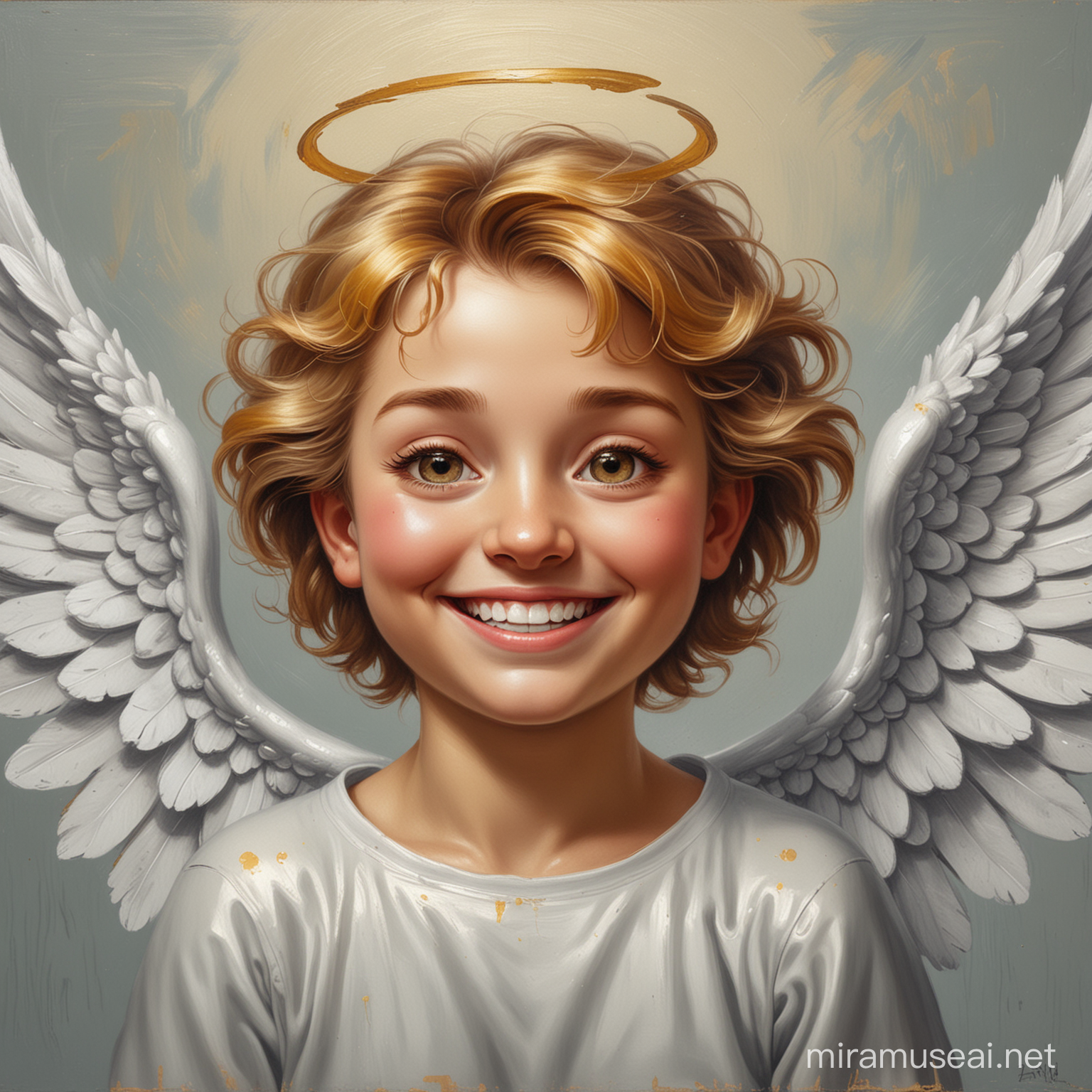 Metallic Smiling Emoji Head on Angel RenaissanceInspired Oil Painting