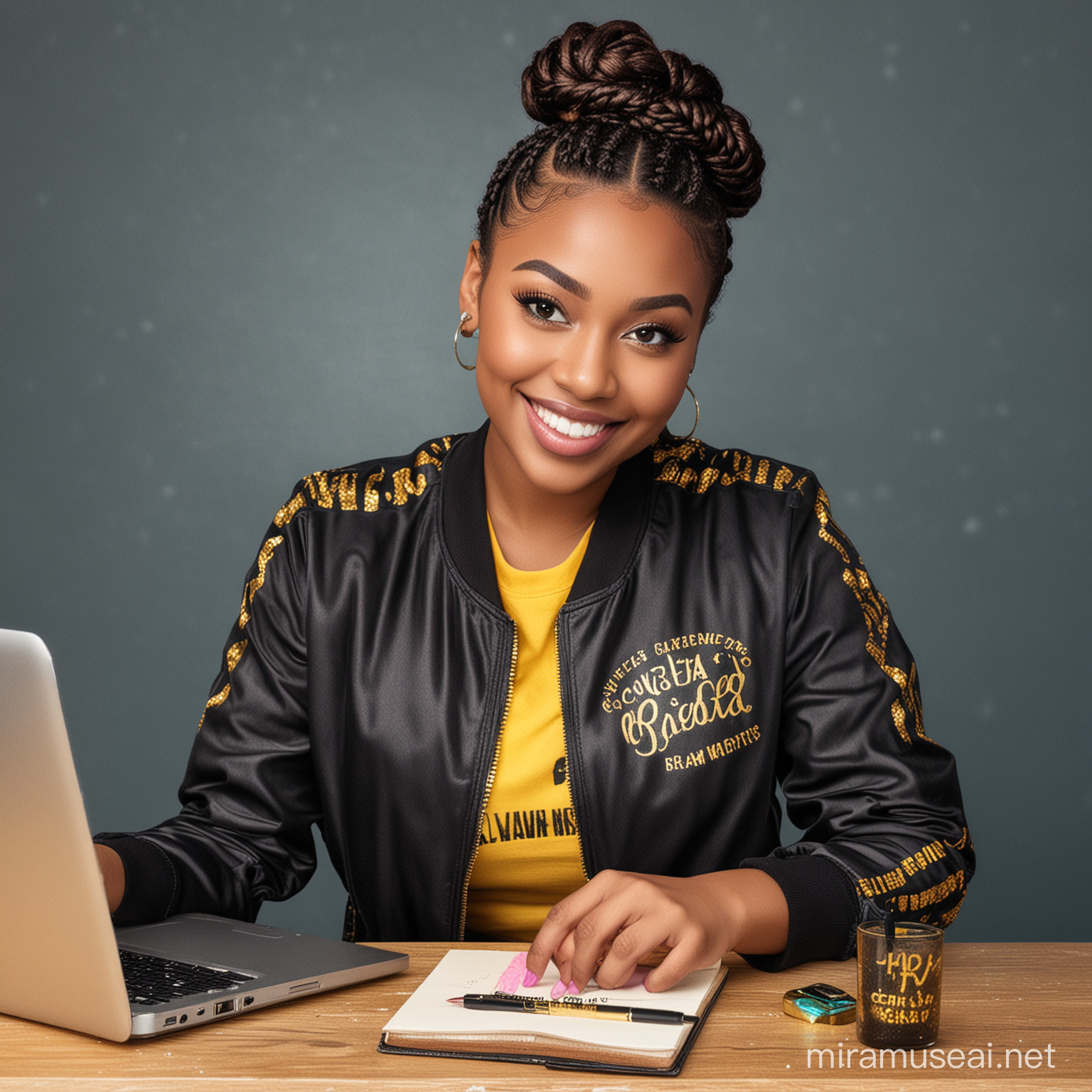 Smiling Curvy Woman with Braided Bun Hairstyle and Varsity Jacket by Glitter Blue Desk