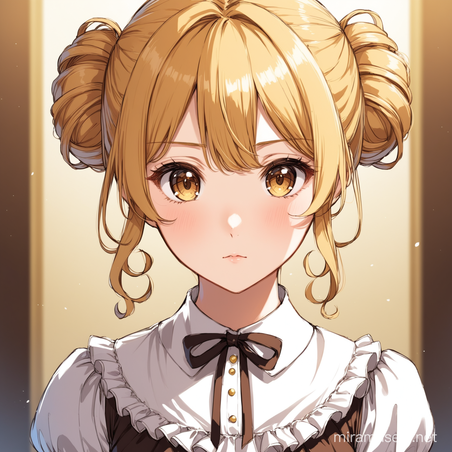 Teenage girl, golden blonde hair in a bun with curly hairs hanging down around her face, brown eyes, maiden 18th dress, anime style, front facing, looking into the camera,