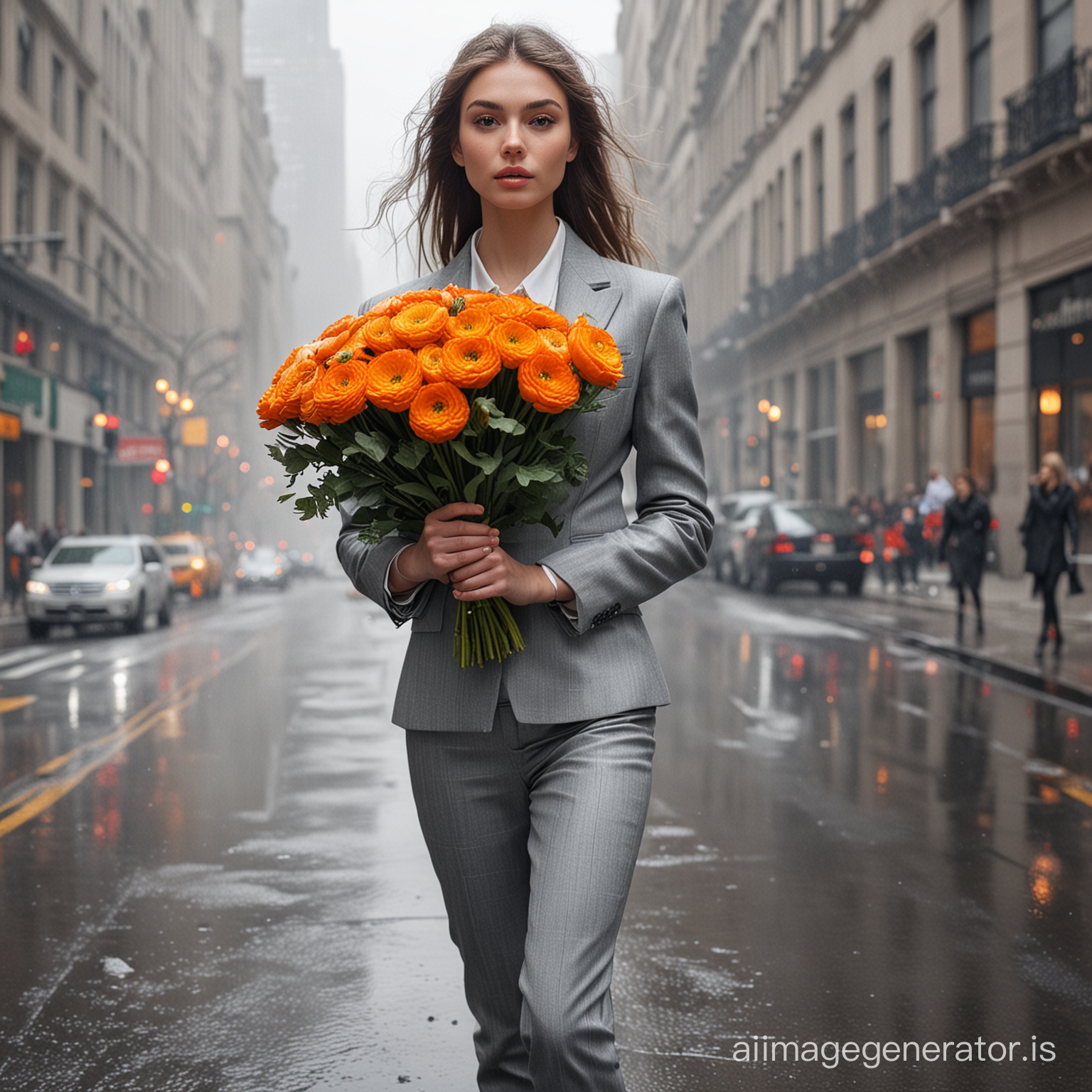 On the gray foggy street after the rain, 5th Avenue goes a girl in a gray strict suit, on pointes and holds in her hands a huge shaggy bouquet of orange ranunculus, cake proudly, beautiful model, perfect body proportions and anatomically accurate, luxury, bohemia, New York, bright large bouquet, Overcast, soft light,unreal engine, professional foto by David Bailey, photo, illustration, 3d render, poster, fashion, architecture, portrait photography