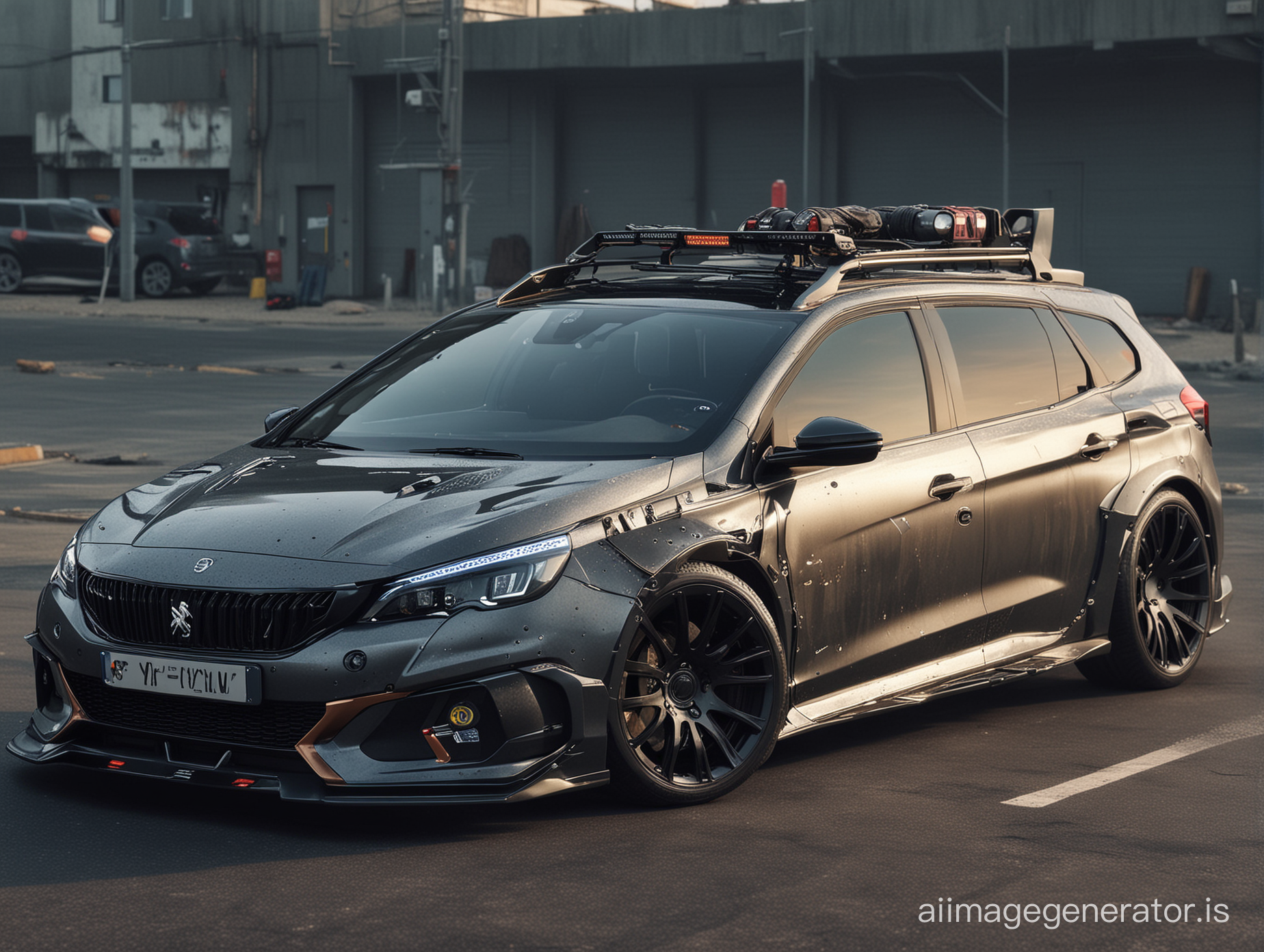 Khyzyl Saleem extreme cyberpunk modified version of the 2016 Peugeot 308 SW. noon