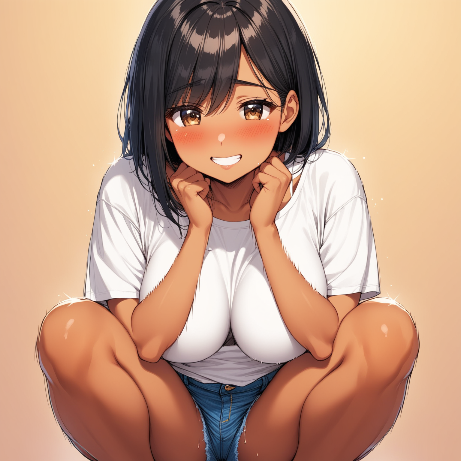 1girl,solo,
,happy,orgasm,blush,embarrassed,
,black hair,
,large breast,
,Brown skin,
,glamorous,short stature, depth of field,
,,
,Oversized T-shirts,denim short pants,cameltoe,
,squatting,put one's hands on one's crotch