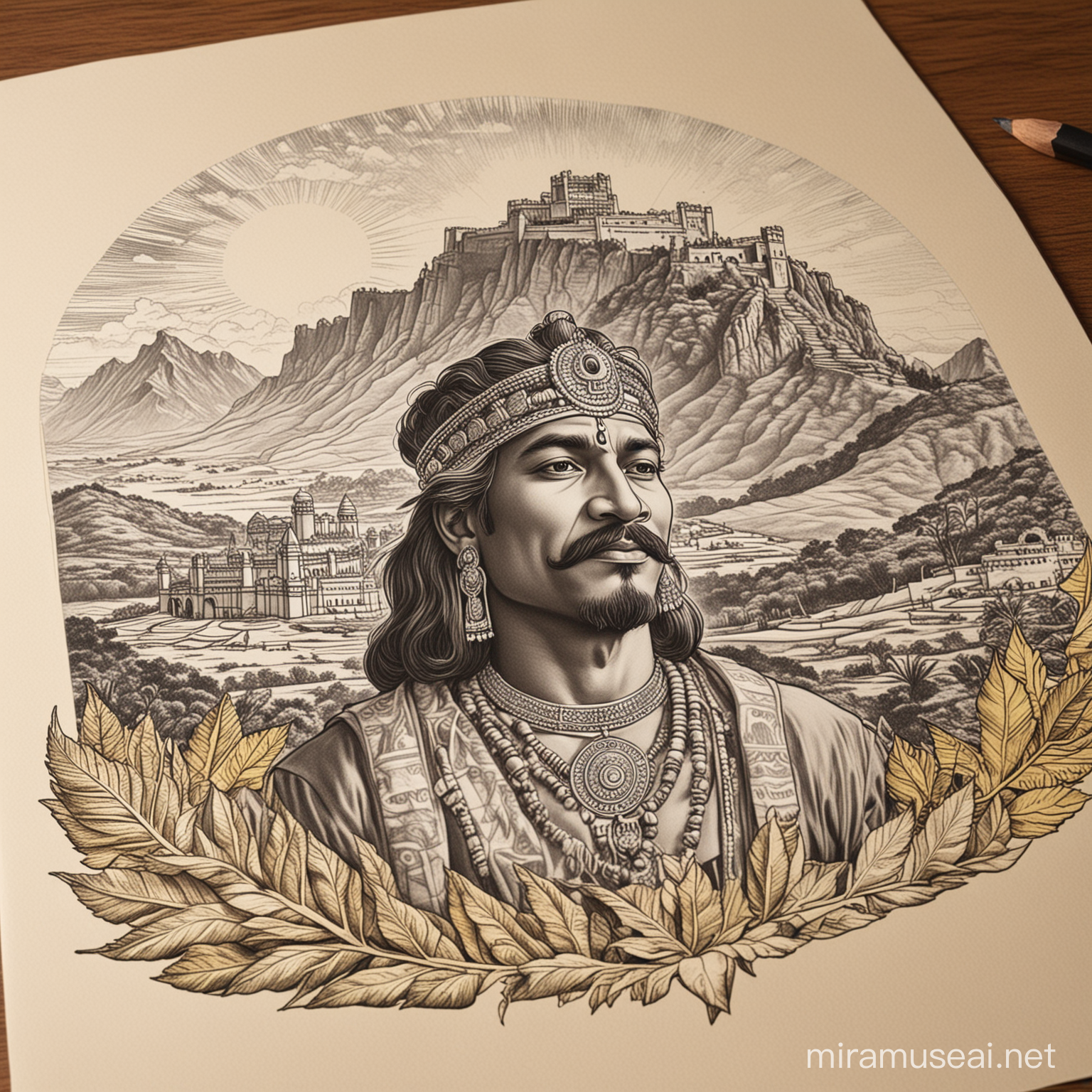 Majestic Indian King Surrounded by Castles and Mountains Coloring Sheet