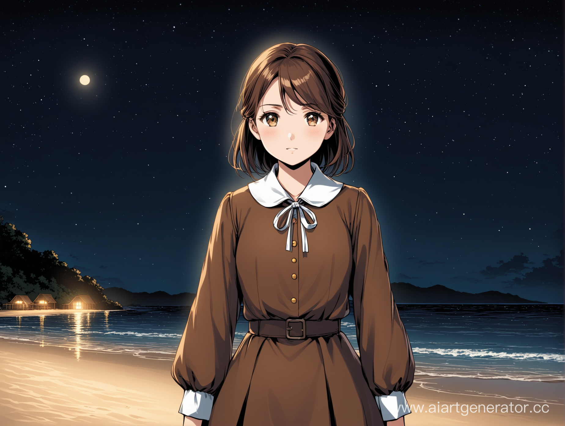 девушка с карими глазами,  русыми длинными волосами, в пионерской форме ,стоит на пляже ночью
