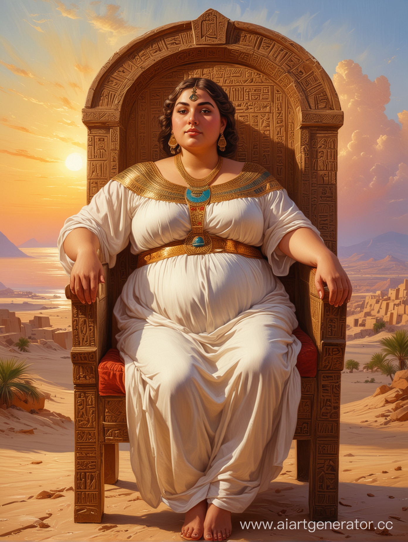 толстая женщина смотрит прямо в восточном египетском костюме, короткие светлые волосы, сидит на резном кресле на фоне небо свечение ярко египет стиль масляная живопись
