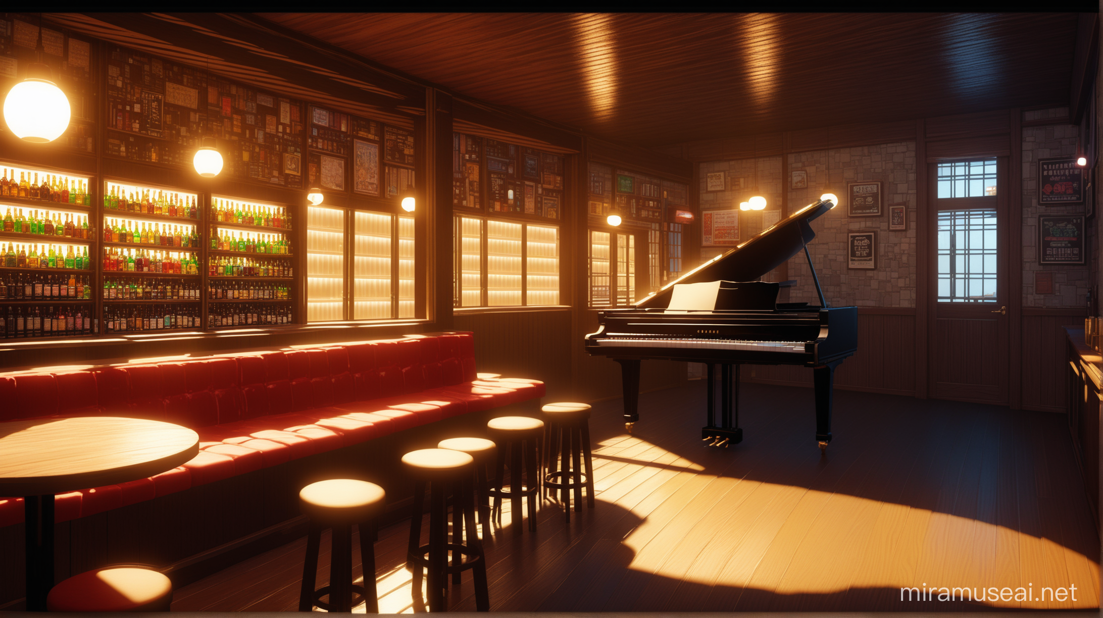 Elegant Japanese Jazz Bar Anime Painting with Piano and Cozy Atmosphere