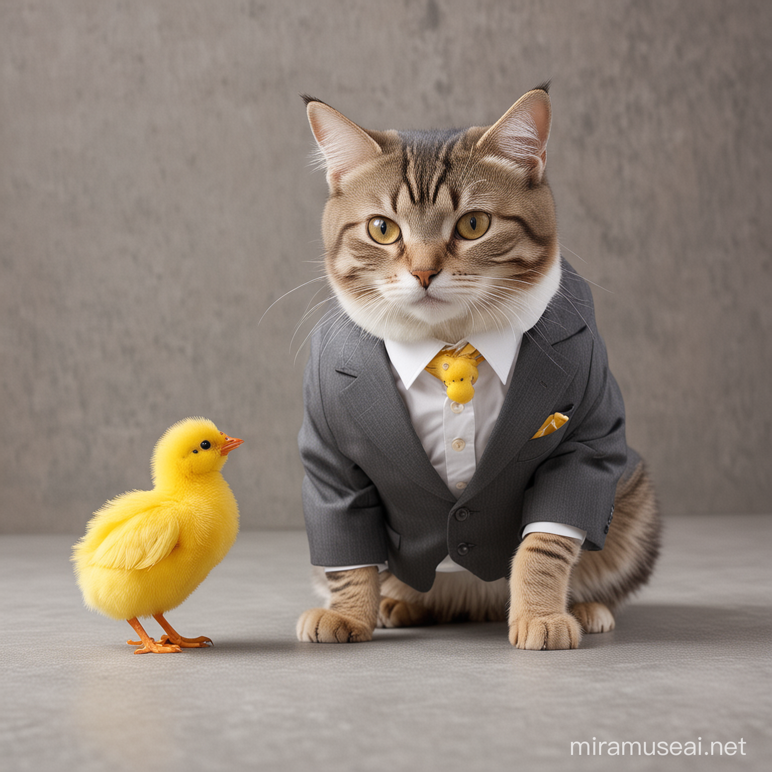 Sophisticated Cat in Formal Attire Petting a Cheerful Yellow Chick
