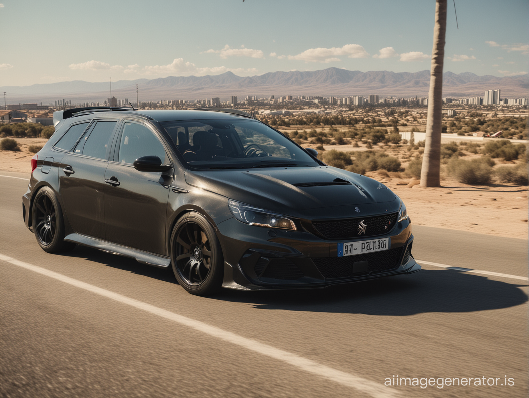 Heavy modified, Khyzyl Saleem, Need for speed, fast and the furious, version of the 2018 Peugeot 308 SW. Noon. Black. Establishing shot. Don't cut off the car.