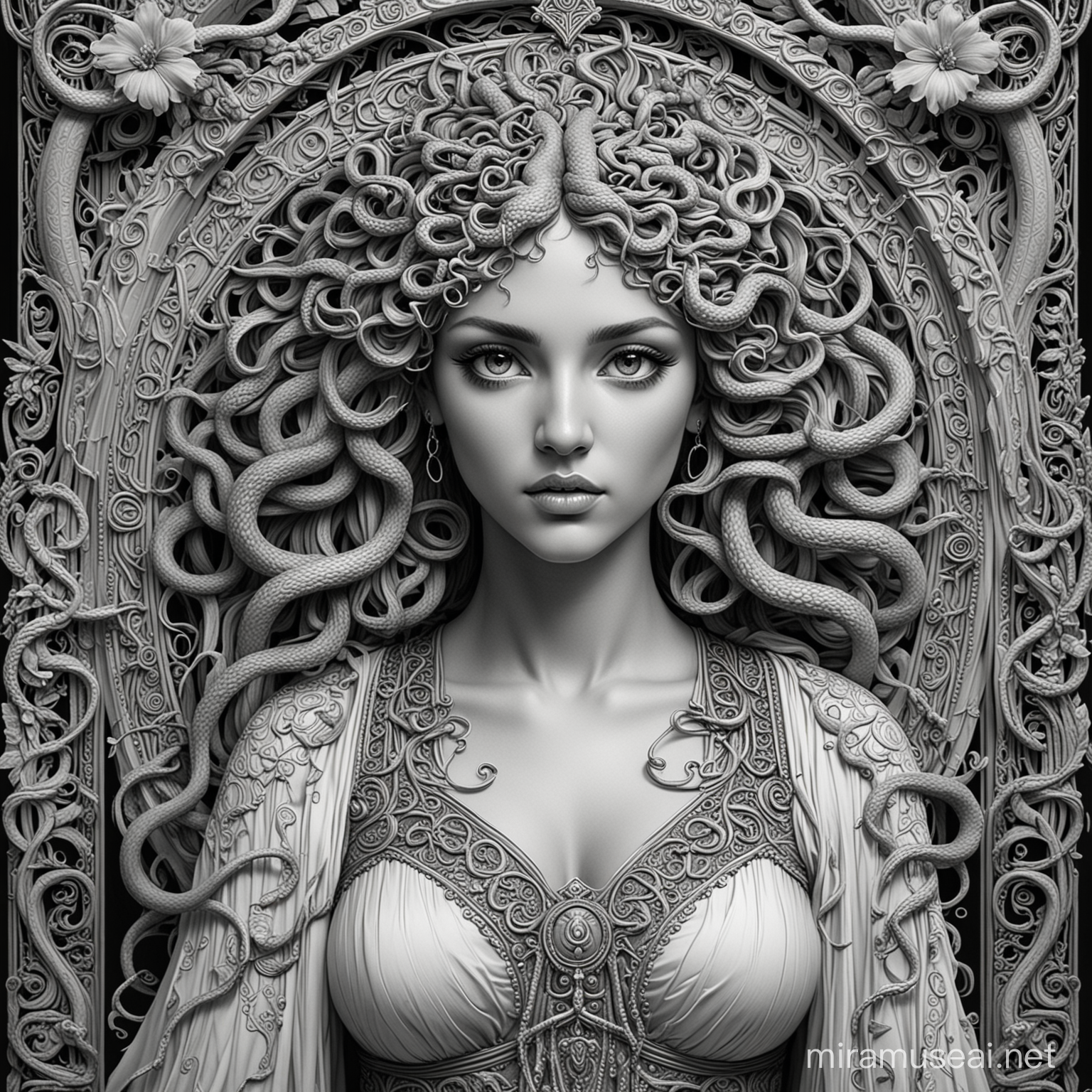 full sized, full length black and white line art illustration in art nouveau style of highly detailed beautiful medusa greek mythology character with large eyes and lush eyelashes wearing a flowing long gown decorated with snakes. The background is framed in royal scrolled filigree patterns. It is free of colors.