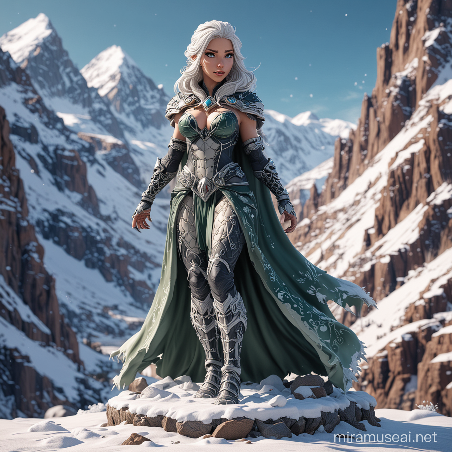 Serqet GODDESS OF VENOM,The image features a cartoon character wearing a garment. The character appears to be a fictional figure depicted in CG artwork, possibly in the form of a figurine.The image shows a rocky mountain covered with snow.