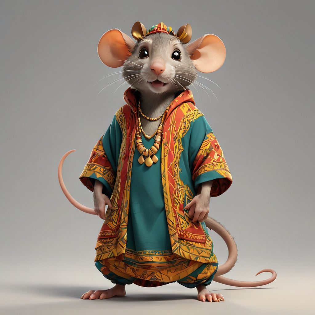 a rat in cartoon style in full body with African attire clothes with clear background