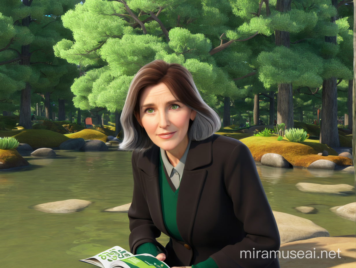 Animated upper body shot of  Rachel Carson well lid , light sunshine, full color,   looking at the camera, Background coloured, Rachel in color, white caucasian brown hair green grey hair, 3D animation directly eyes are on the camera, binoculars around neck 