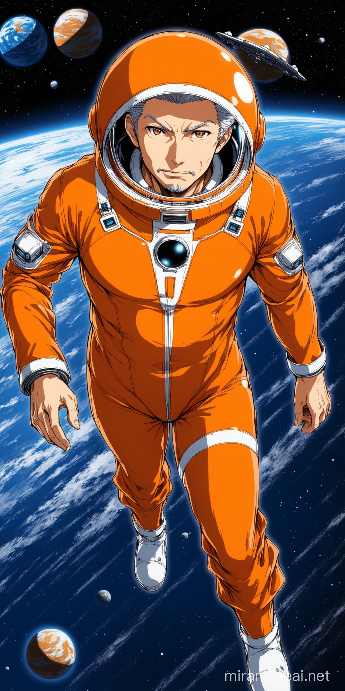 anime men about 50 years old waering an orange castume of the space ship
