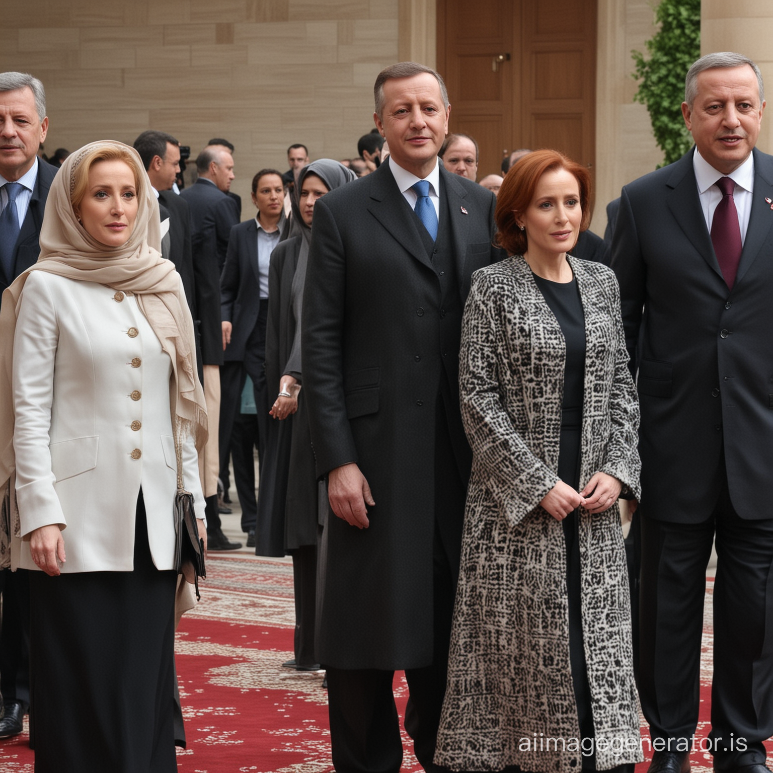 red haired Gillian Anderson in hijab with floor length sirkt and long outer cardigan standing beside president Erdogan