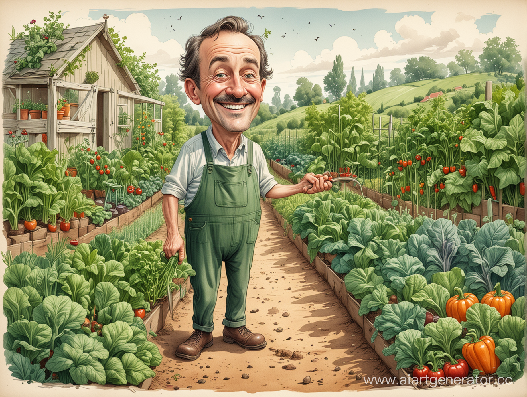 A caricature of a man who loves a very vegetable garden