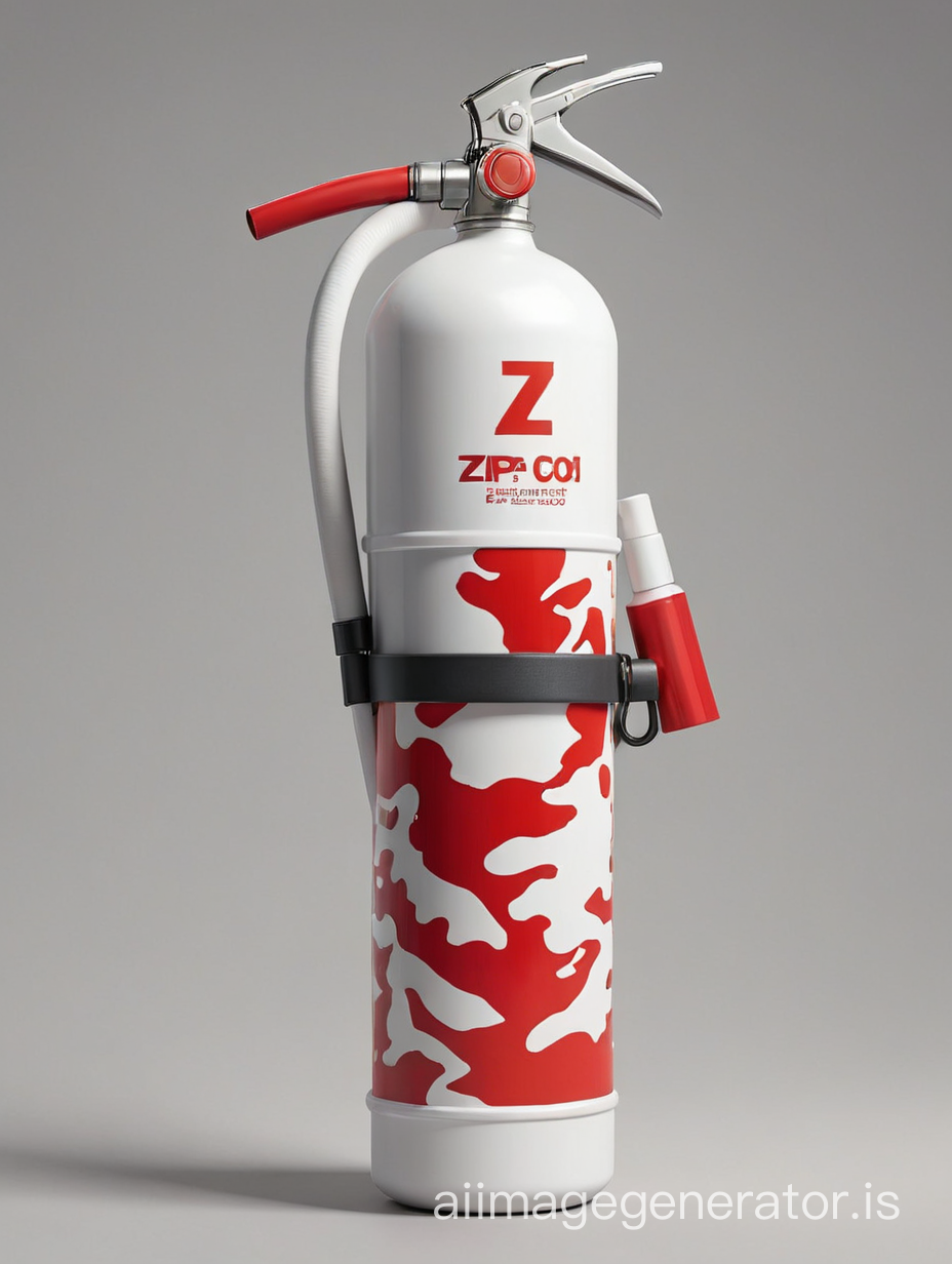 Full Camouflage style, red and white, full body CO2 fire extinguisher, without background,  " Z.P " logo, in vertical dabit card style 3D without label and background, colour full high quality, realistic, futuristic