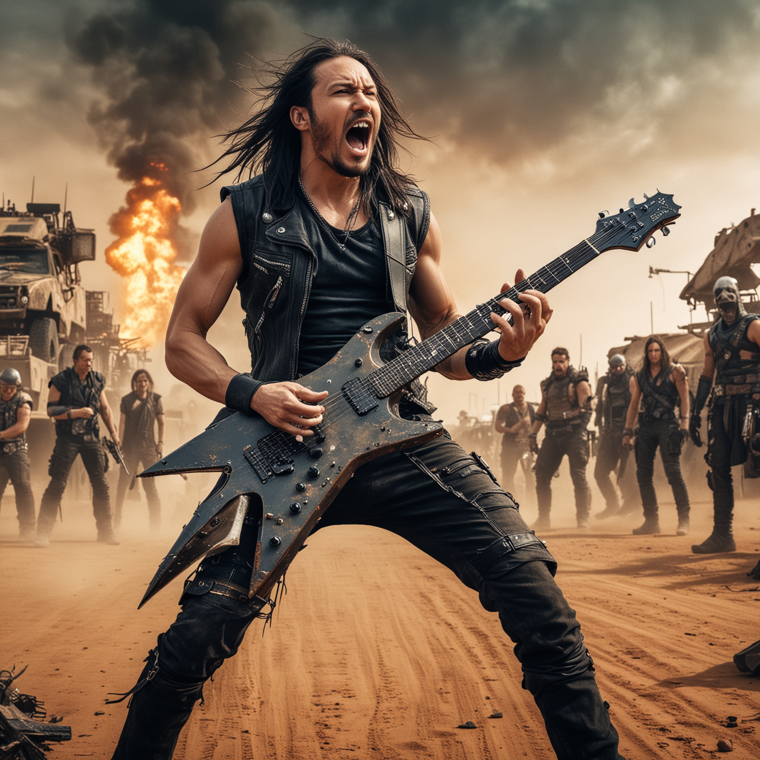 Herman from Dragonforce playing in front of a Mad Max style scene