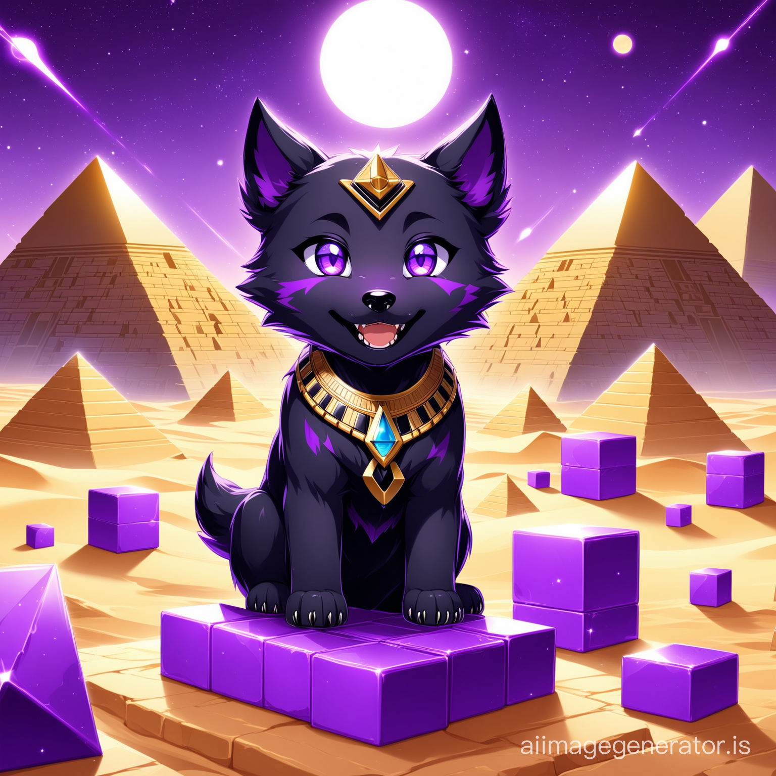  cute  baby black pharaoh wolf with purple eye and smile in the land of egypt  with super detail and High Quality
big and purple blocks and floating are seen everywhere
also three pyramids are  purple
Details are evident beautifully and with great precision