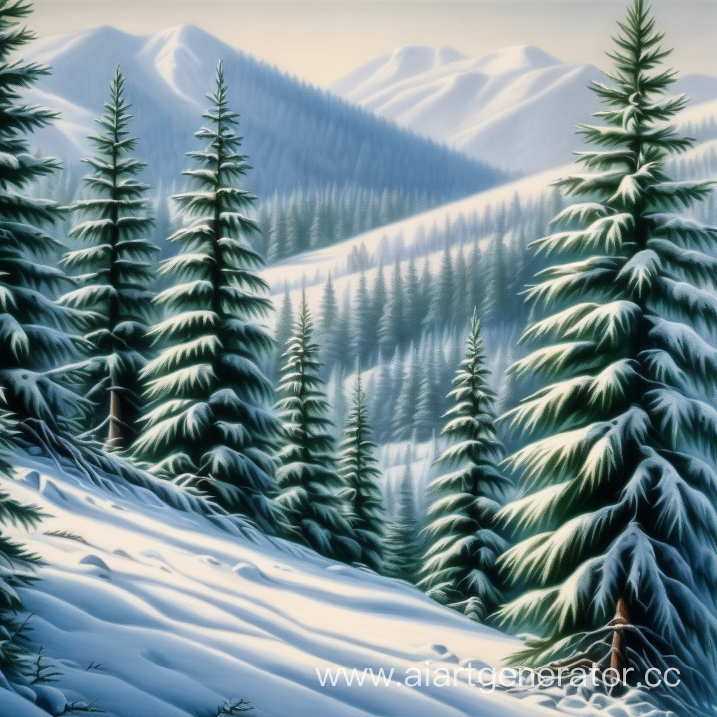 зимний лес елей в горах в полу-реализме