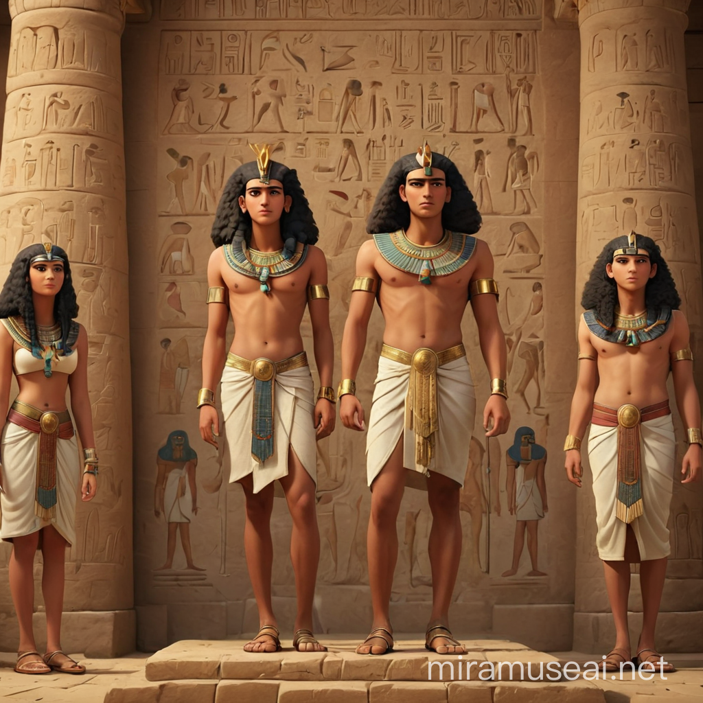 People from ancient Egypt in Egyptian style.  We can see their full height, every foot and every hand
In realism style, 3D animation.