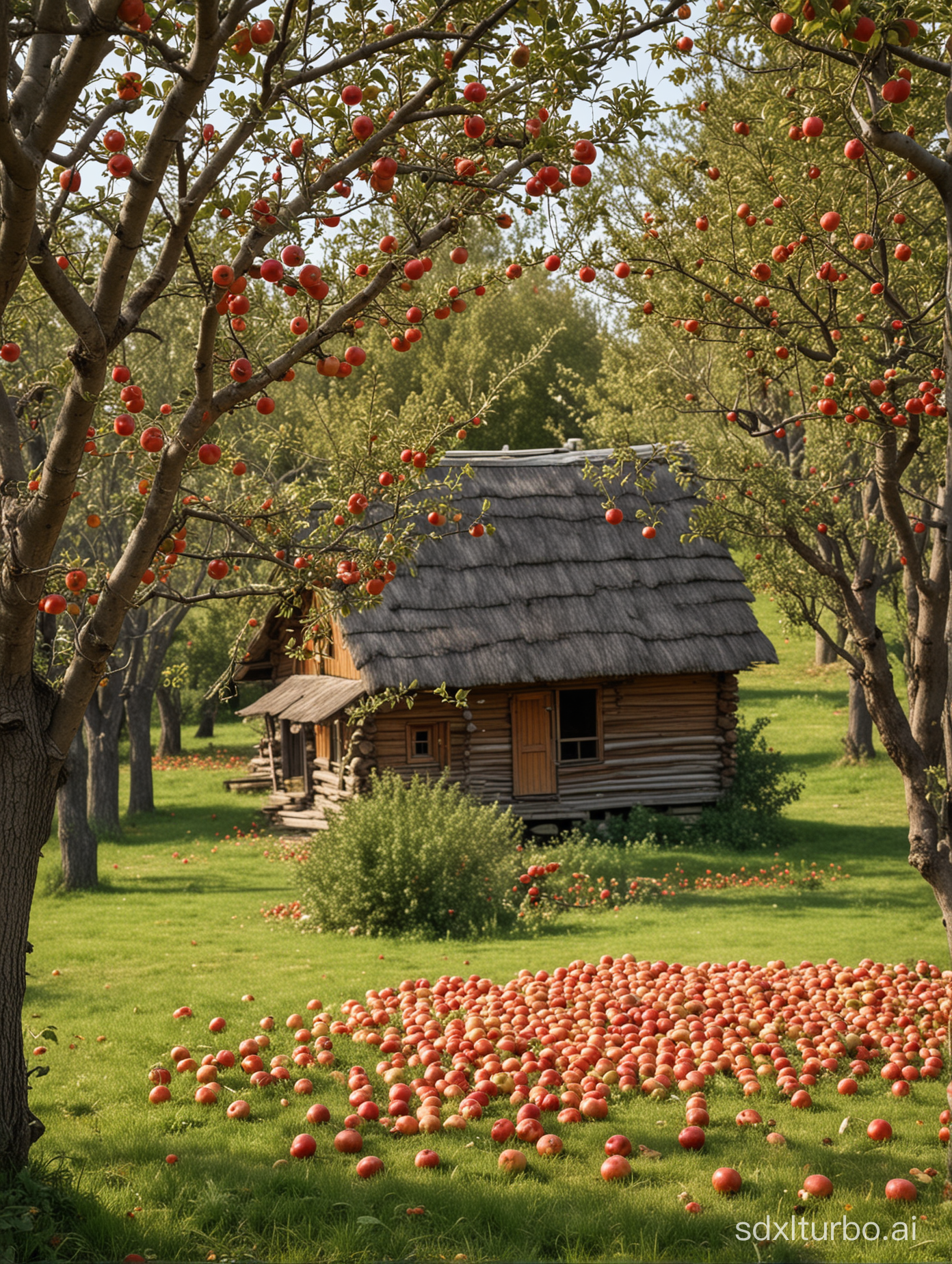 Early autumn, apple orchard, there are a lot of red apples on the apple trees, there is a log house near the garden, near the house there are large thickets of large burdocks